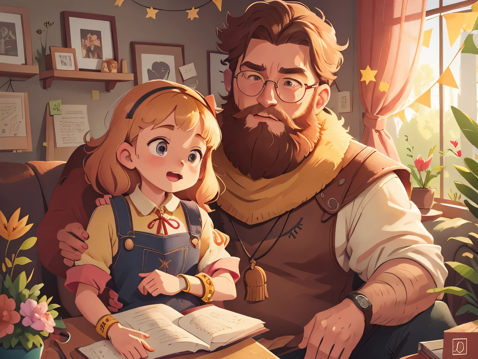 [[[Super detailed, best quality, beautiful, 4K, detailed faces, medieval story]]], blond bearded father holding daughter sitting on sofa, cozy home, joy, joy, happy, blond hair, having fun Family, colorful children's book illustration