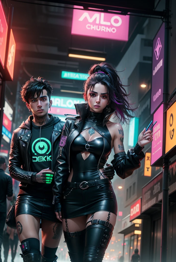 Cambio de fondo, cyberpunk guapo novio y novia,8k, cara realista, rop de cuero, varios colores, adornos en orejas y tatuajes, peinados modernos y brillosos, ciudad ciberpunk, dark, de noche, luces de neon, iluminar a los novios. 