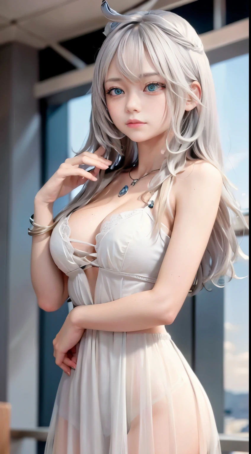 best quality, ultra detailliert, 4k anime girl, anime - style image of a woman with long white hair, wavy hair, perfect white haired girl, ocean blue eyes, face cute, perfect fingers, slim toned body, perfectly proportions, full body, undress, without clothes, , stark-nakeductive anime girl, small curvaceous, large breasts, bl breasts, cleavage breasts,o show off breasseup cleavage， wide wide she Body, photore， es, revealing buttocks, Butt up,（realisticlyin2）,best qualtiy,high hity,absurd,rich colourful,stunning art,best qualtiy, ultra - detailed,beautifuldetails， reflective hair,Good lighting, Ray traching， depth of fields,ultra - detailed,illustratio,astounding,finedetail,Very detailed， （（ultra - detailed））， （Beautiful Meticulous Girl）， Beautiful detail glow， intricately details， A high resolution， beatiful detailed eyes， NFFSW， Round eyes, detailedfacialfeatures,（Round pupils：1.4） （illustratio）,（Beautiful and delicate eyes）（extra detailed face））， depth of fields,（alluring face），（looking at viewert：1.1), Crystal shiny necklace