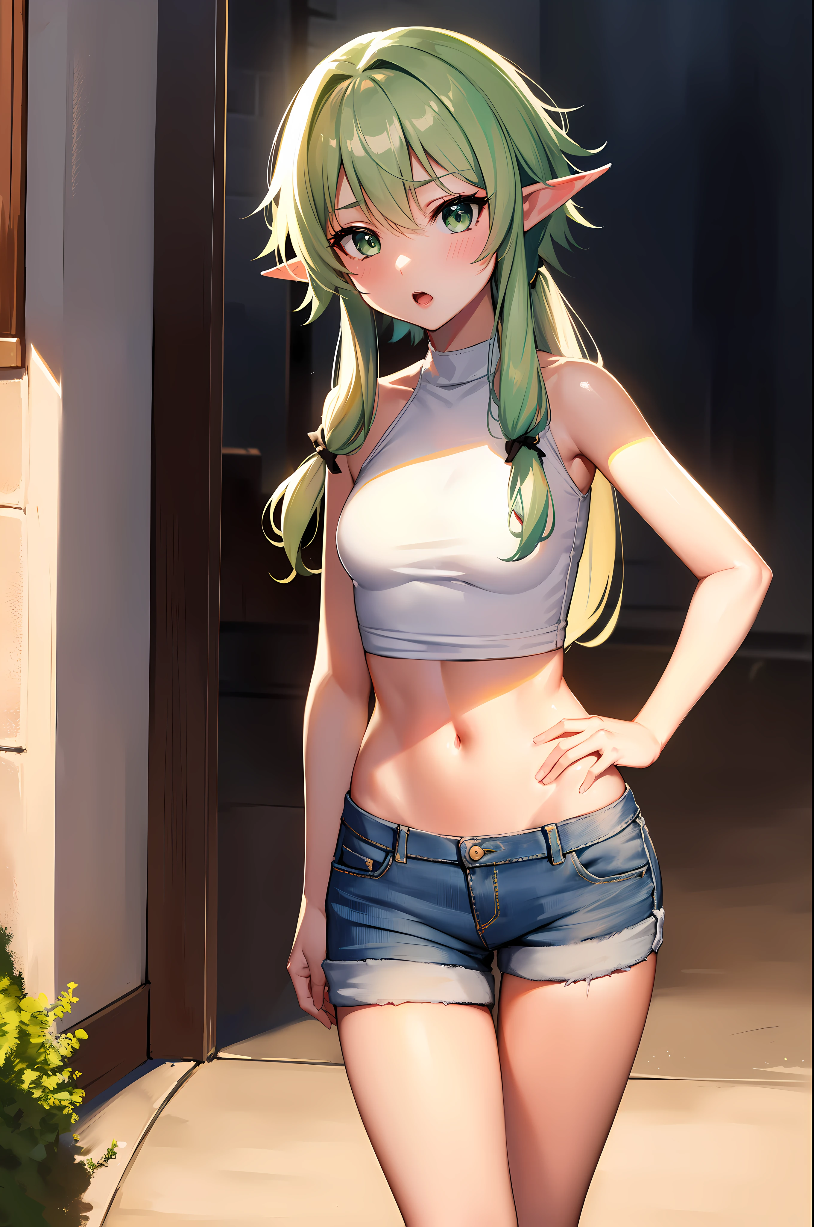 looking for_~to_viewer , highelfarcher, high elf archer, elf, Green hair, long hair, pointy ears, elf, (masterpiece:1.2), best quality, high resolution, unity 8k wallpaper, (illustr~toion), perfect lighting, Highly detailed CG, (sexy:1.3),alone, 1 woman ,(White_tee shirt:1.3), (Cutoff_jeans:1.3) ,(dokyo_distance_background:1.2)