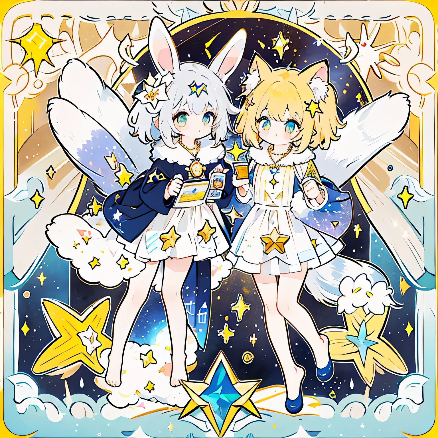 two girls, rabbit ears, cat ears, coffee, taro cards, animal_ears, detailed_eyes, cross, furry, furry_female, gloves, sparkle, star_\(symbol\)+, star_hair_ornament, star_necklace, star_pasties, star_print, starfish, starry_background, tail, flowers, flower_pedals yellow_background, yellow_theme, Ink and wash