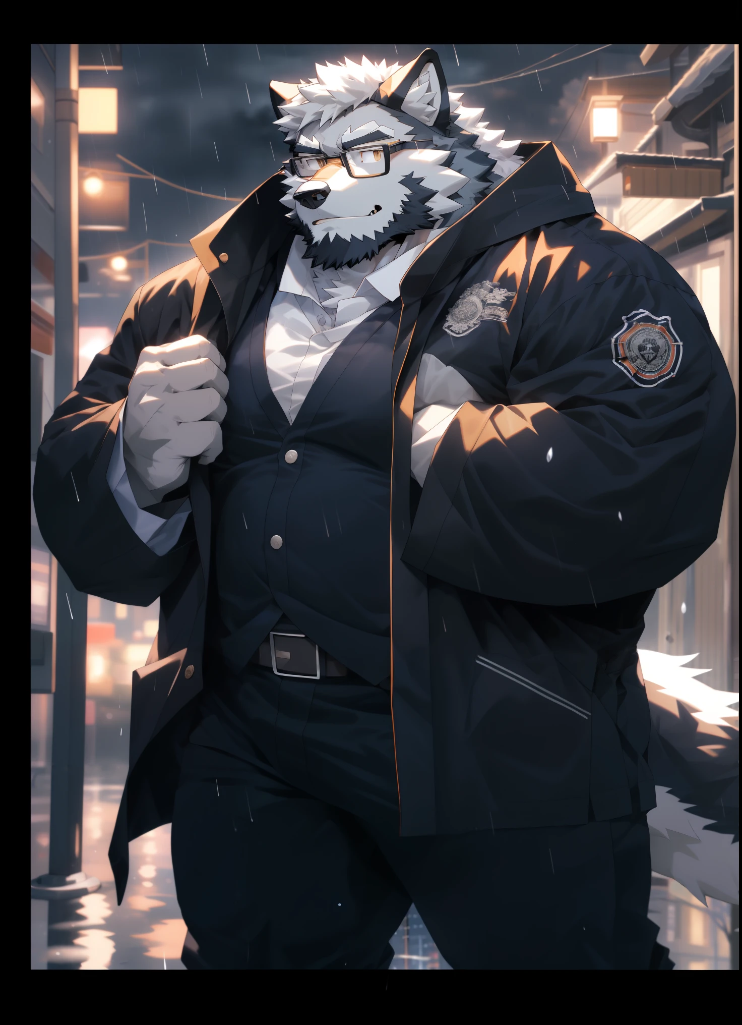 hairy，（Wolf，Black-rimmed glasses，Orange firefighter costume），beard，white fur，male，Common，full-body shot， dynamic poses，smirk，rainy day，night，dark night，Detailed background，极其lifelike阴影，masterpiece，Very detailed，lifelike