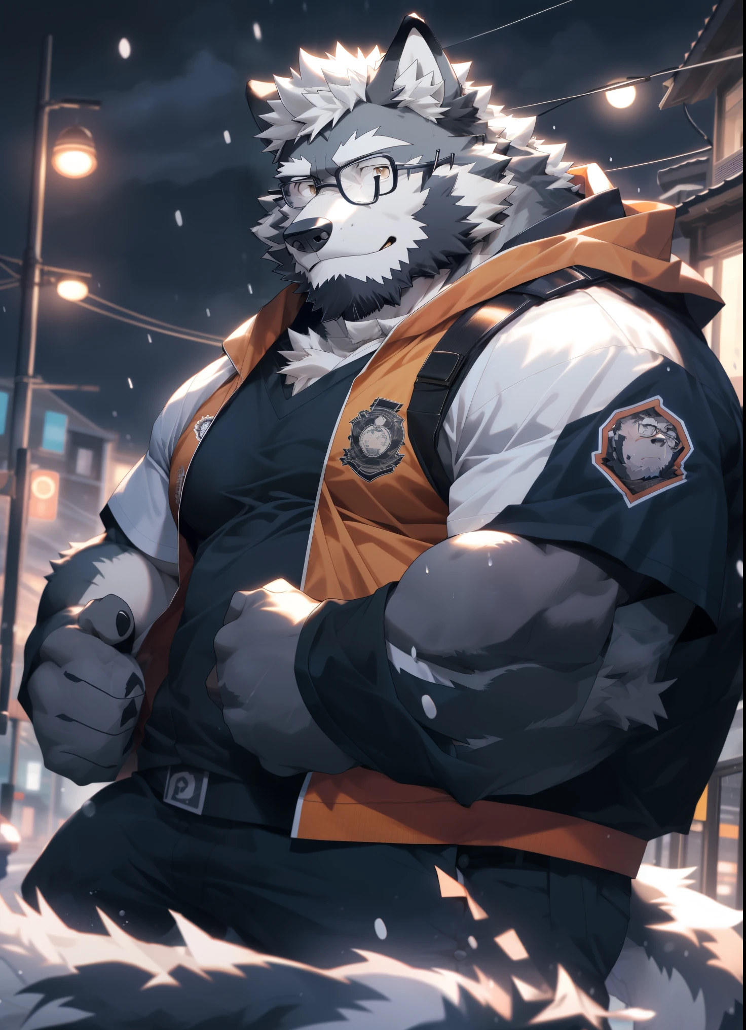 hairy,(Wolf,Black-rimmed glasses,Orange firefighter costume),beard,white fur,male,Common,full-body shot, dynamic poses,smirk,rainy day,night,dark night,Detailed background,极其lifelike阴影,masterpiece,Very detailed,lifelike