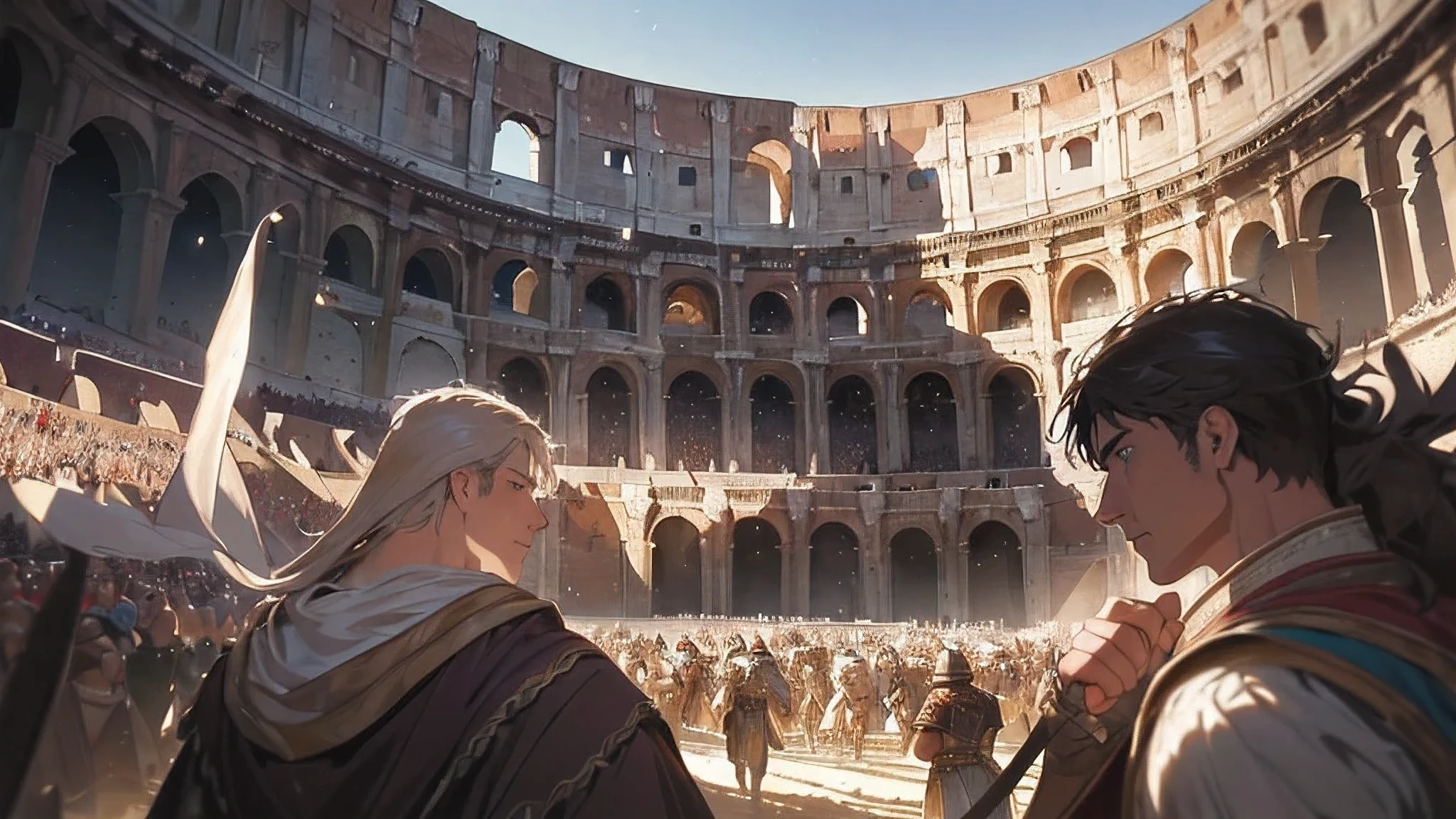 (by Greg Rutkowski: 1.2), (masterpiece), (best quality), extremely delicate and beautiful, illustration, (fantasy landscape), depth of field, HDR, intricate, delicate, photorealistic depiction, creating a visual masterpiece with the best possible quality. A mesmerizing fantasy landscape with enchanting elements blending seamlessly. (Highlighting the gladiators fighting in colosseum full of crowd cheering, roman empire era).