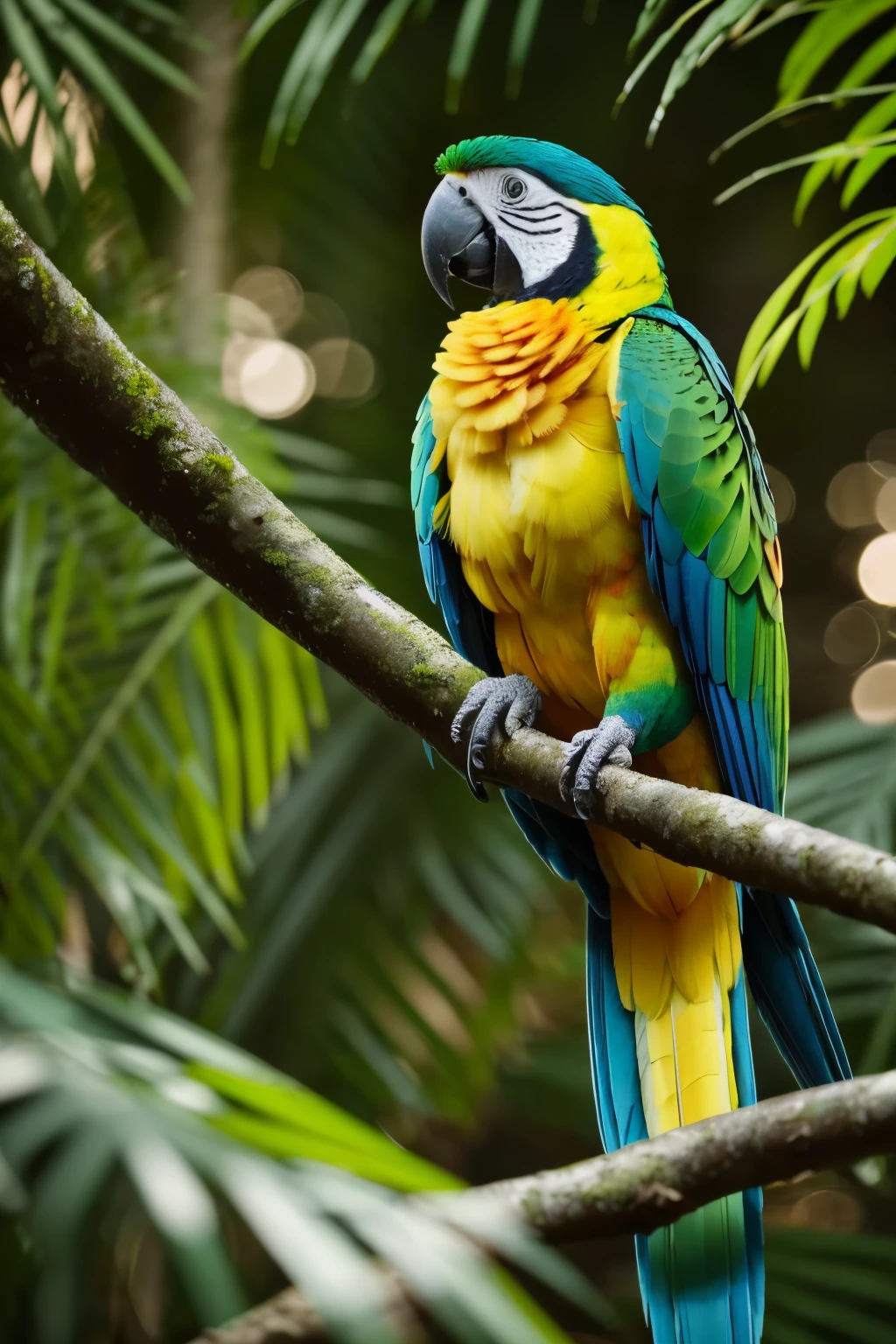 A vibrant parrot perched gracefully on a lush green tree branch in a breathtaking forest setting. The stunningly detailed feathers of the parrot boast a rainbow of colors, captured with unparalleled precision in this RAW-style masterpiece. The ultra-high-resolution image showcases the intricate patterns of the parrot's plumage, from the delicate lines and textures to the subtle gradients that create a truly photorealistic effect. The cinematic lighting, with soft rays of sunlight filtering through the dense foliage, adds a touch of magic to the scene. Every element, from the natural skin texture of the parrot's beak to the film grain that adds a vintage feel, has been meticulously captured to create this analog-style composition. It's a visual symphony that transports viewers to