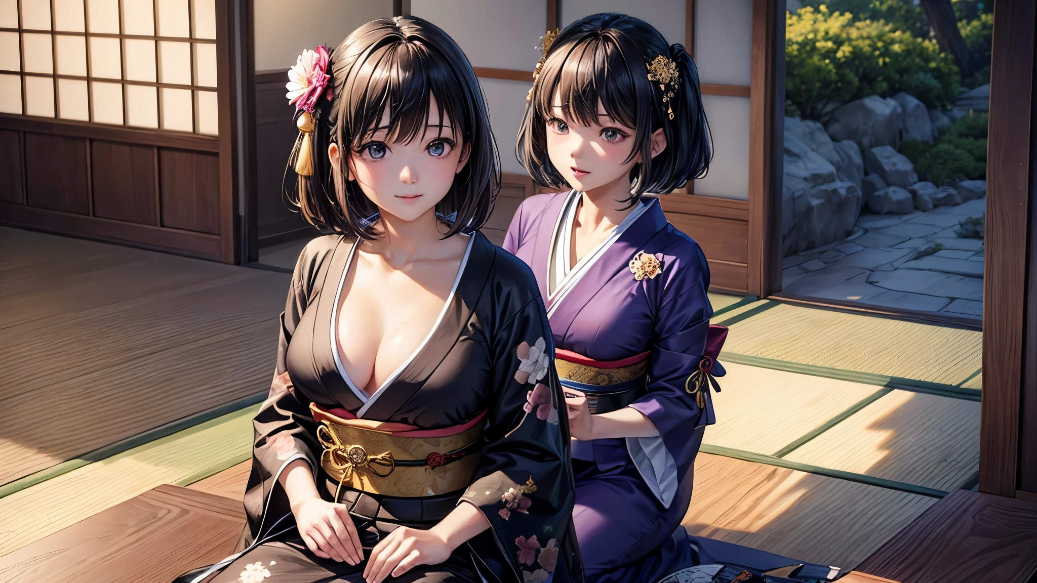 (Photoreal:1.4)、(Highest image quality:1.0)、(超AHigh resolution:1.0)、8K、RAW shooting、(masterpiece:0.2)、(pureerosface_v1:0.5)、(Highest image qualitydetail:1.2)、real site、8K UHD、High resolution、(1 girl inch:1.2)、超detail、High quality texture、複雑なdetail、detail、Highly detailed CG、高qualityシャドウ、detail 美しい繊細な顔、detail 美しい繊細な瞳、Depth of bounds written、ray tracing、1 girl、cute japanese girl、cute very cute girl、dark brown hair、bob cut、short hair、Violet eyes、smile、slender、black kimono、Japanese pattern kimono、Flower scrunchie、beautiful skin、cleavage、(facing the front)、sit、Sit straight and say thank you、Arrange your hands elegantly、The land of Japan smiling faintly、Japanese garden、Luxurious Japanese-style room、sky porn、magic hour、(realistic:1.3)、finely、quality、(muste piece:1.2)、(フォトrealistic:1.2)、(最高quality)、 (複雑なdetail)、dramatic、ray tracing、photograph、+Lola information