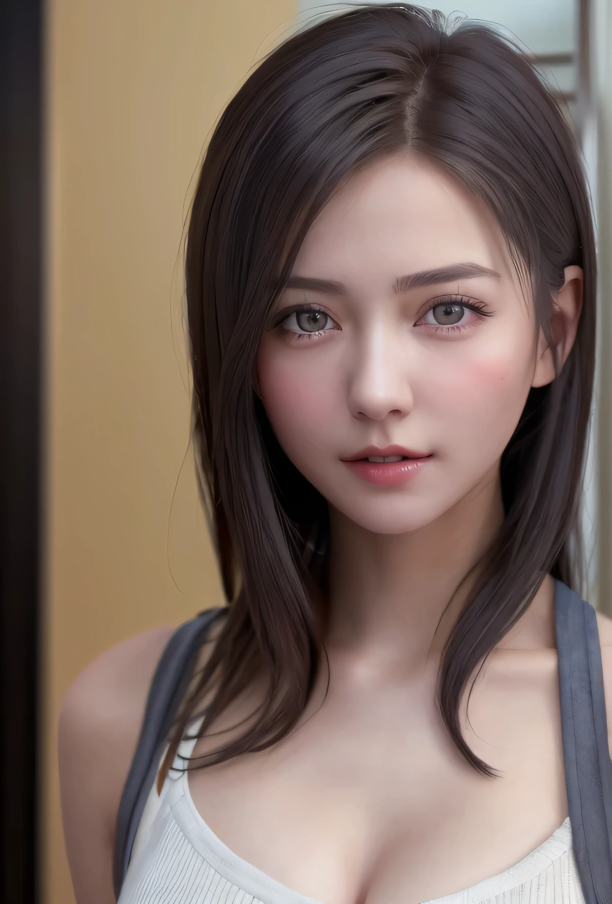 (8ก, realistic, raw photos, Highest quality: 1.3), (1 girl came in), very beautiful, (realistic face), (a little , Silver Color isrry Shorthair), isautiful , Glare that engages viewers, isautiful expression, isautiful breasts, (realistic skin), is...