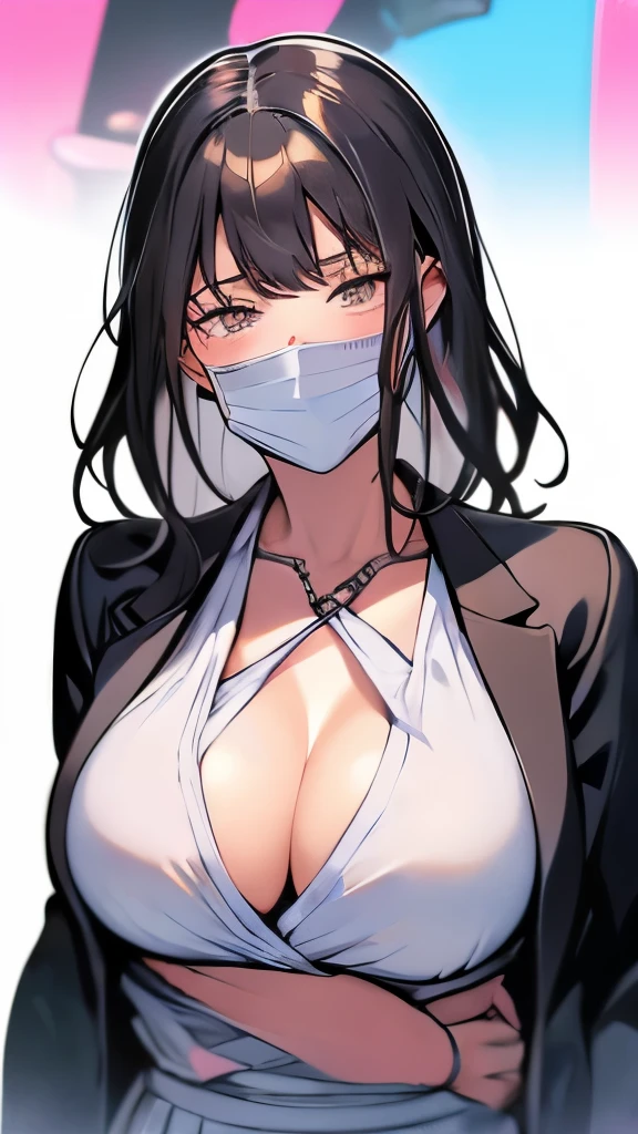 long black hair、long eyes、big breasts、長袖オフショルダーの生地の薄いマキシワンピース、mask、full shot, My chest is about to fall、big cleavage、Turn your face away、bewitching adult woman、事務職、Office lady、写真付きのIDをぶら下げる、セクシーな立ちポーズ、