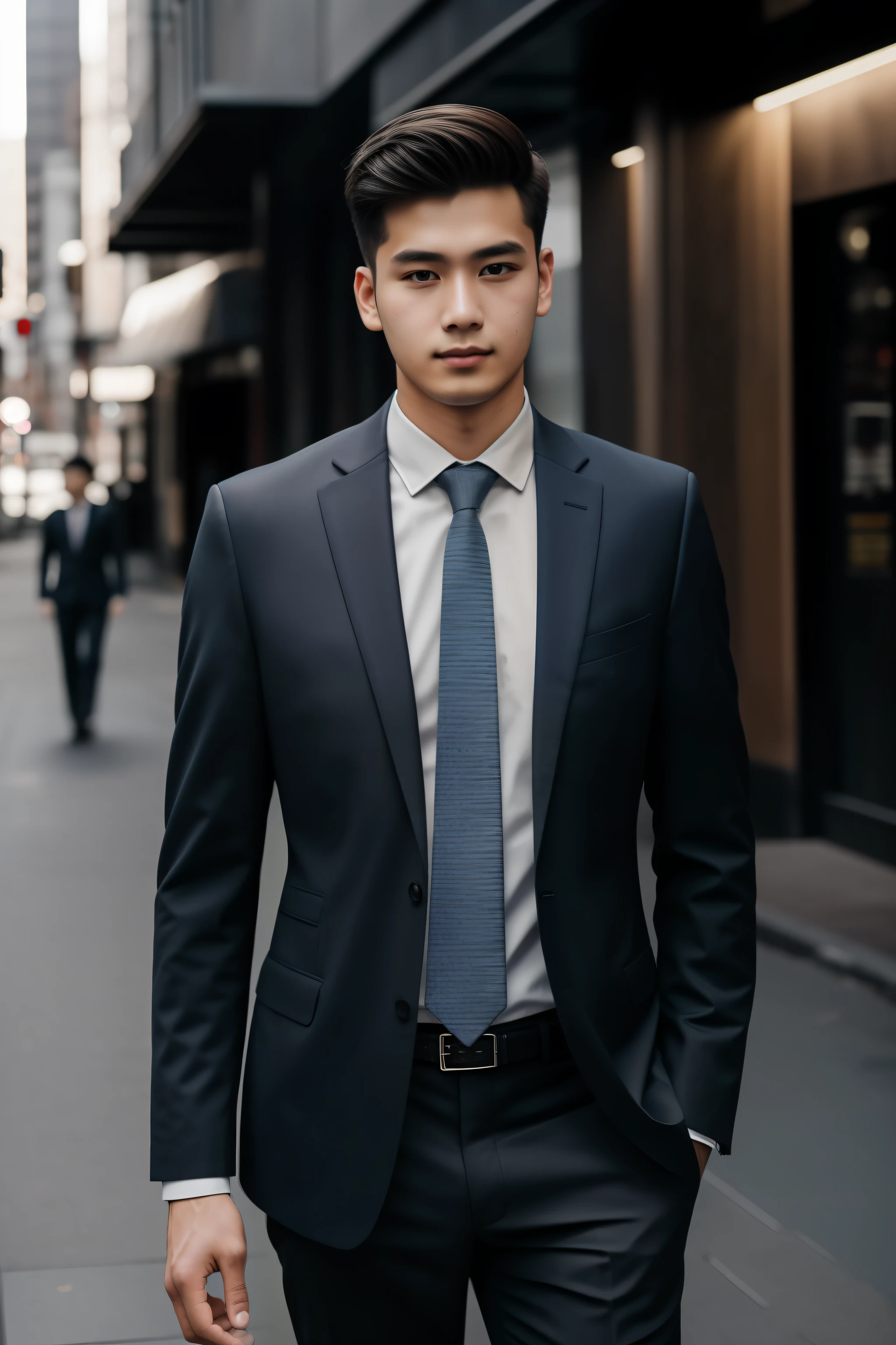Fotografia bruta、Foto de retrato de um homem de 25 anos em um terno、dia、a rua da cidade、（High-resolution skin：1.2）、8K Ultra HD、SLR Digital、soft lighting、alta qualidade、film grain、FujifilmXT3