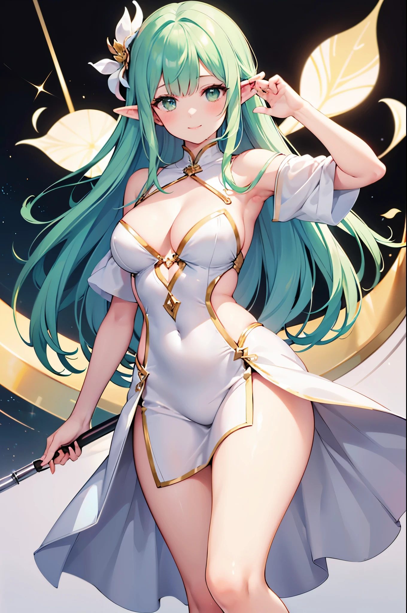 realistic image, coherent image, detailed image, 1 beautiful elf, She has white with green highlights, green eyes, her face is oval and delicate, blushing, smiling, She is wearing a white dress decorated with green and gold details, She has a curvy body, medium breasts, thick thighs, shy pose, black background,