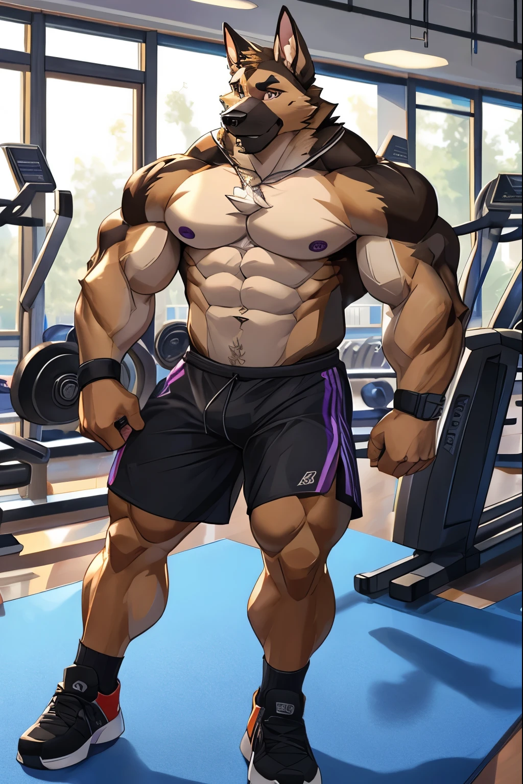 Pubraseer, Furry German Shepherd Dog, Brown Furs, Purple Eyes, Muscular, Handsome, Good Looking, Gym Set, Exercising, Hot, Gym Background