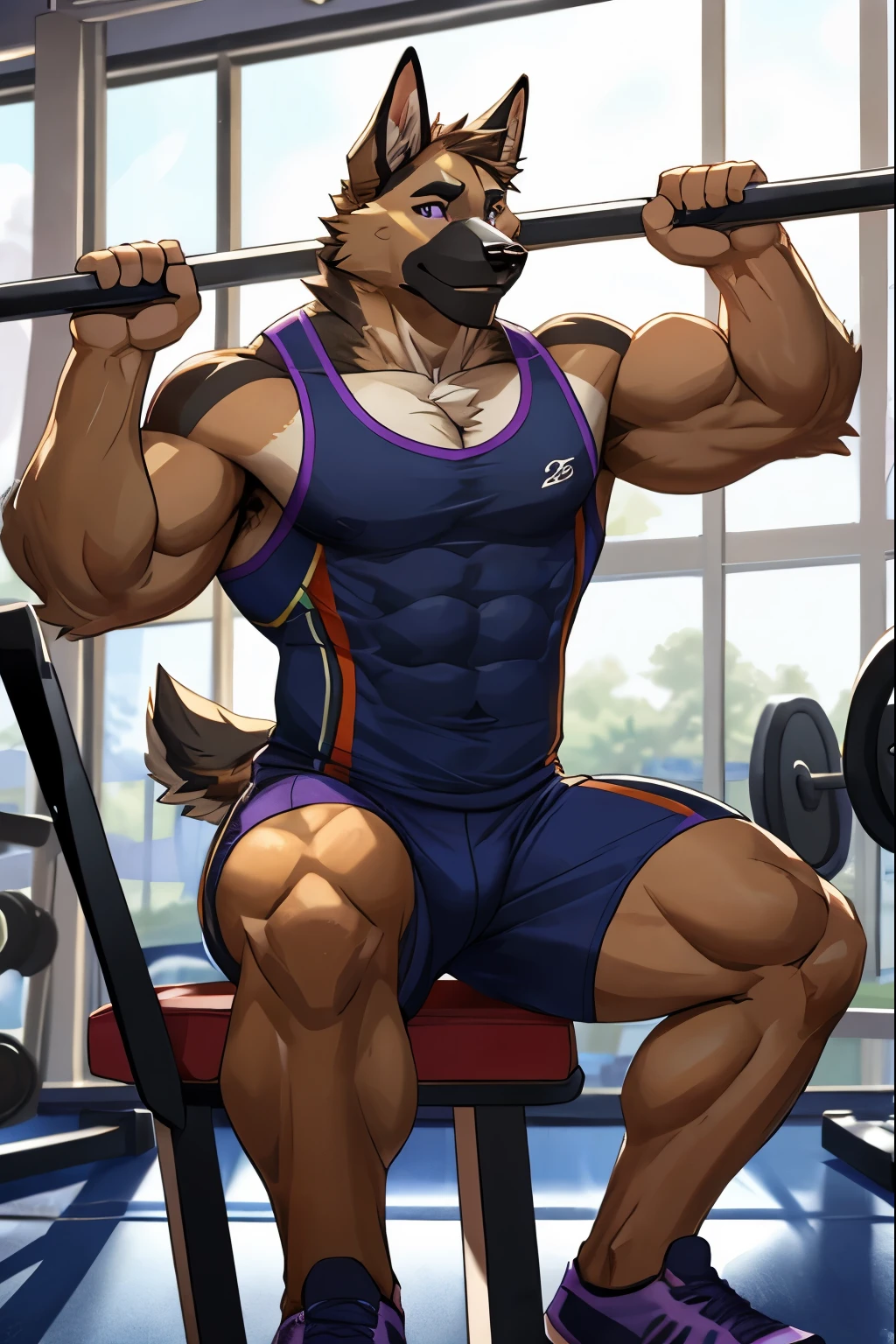 Purbaseer, Furry German Shepherd Dog, Brown Furs, Purple Eyes, Muscular, Handsome, Good Looking, Gym Set, Exercising, Hot, Gym Background