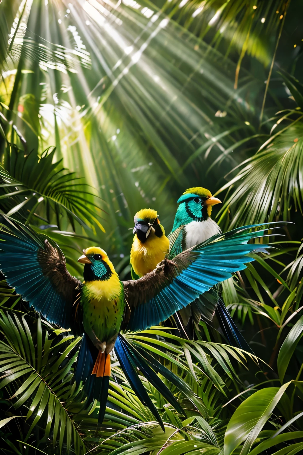 Birds in a tropical forest, intricately detailed, vibrant plumage, colorful feathers, various species, lush green foliage, sun rays filtering through, highly detailed textures, sharp focus, realistic feather textures, realistic bird behaviors, professional composition, 4k ultra-high definition, exotic avian life, lifelike representation, ultra-realistic, photorealistic art, photography, 8k UHD, wildlife photography.