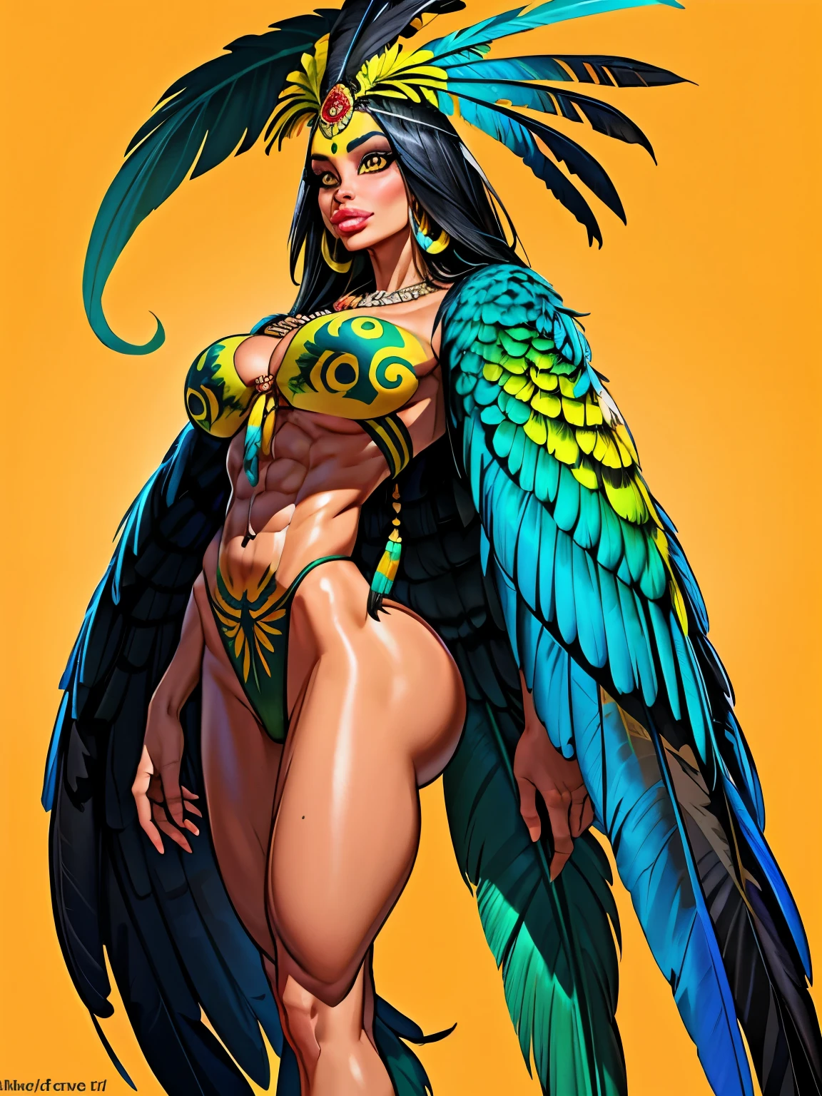 (standing straight), Wild Xavante India, ((extreme tanned skin)), extreme long black straight hair messes over naked ,a bit muscular, huge macaw blue parrot ((feather headdress)), medium breast, athletic built, long legs, curvy, big parrot feather cover , ((detailed lips)), (aletta ocean face), ((slendered abs)), breast painted blue and yellow, indigenous yellow and green facial painting, huge macaw blue parrot feather necklace, honey eyes,tall body, ((medium thigh))(((masterpiece))