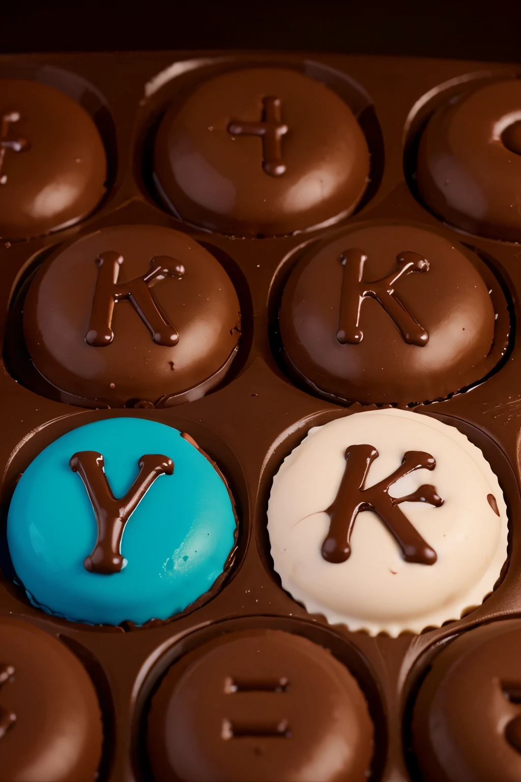 chocolate with alphabet themed , In a variety of shapes and colors all chocolate, Realistically rendered, photo-like style.