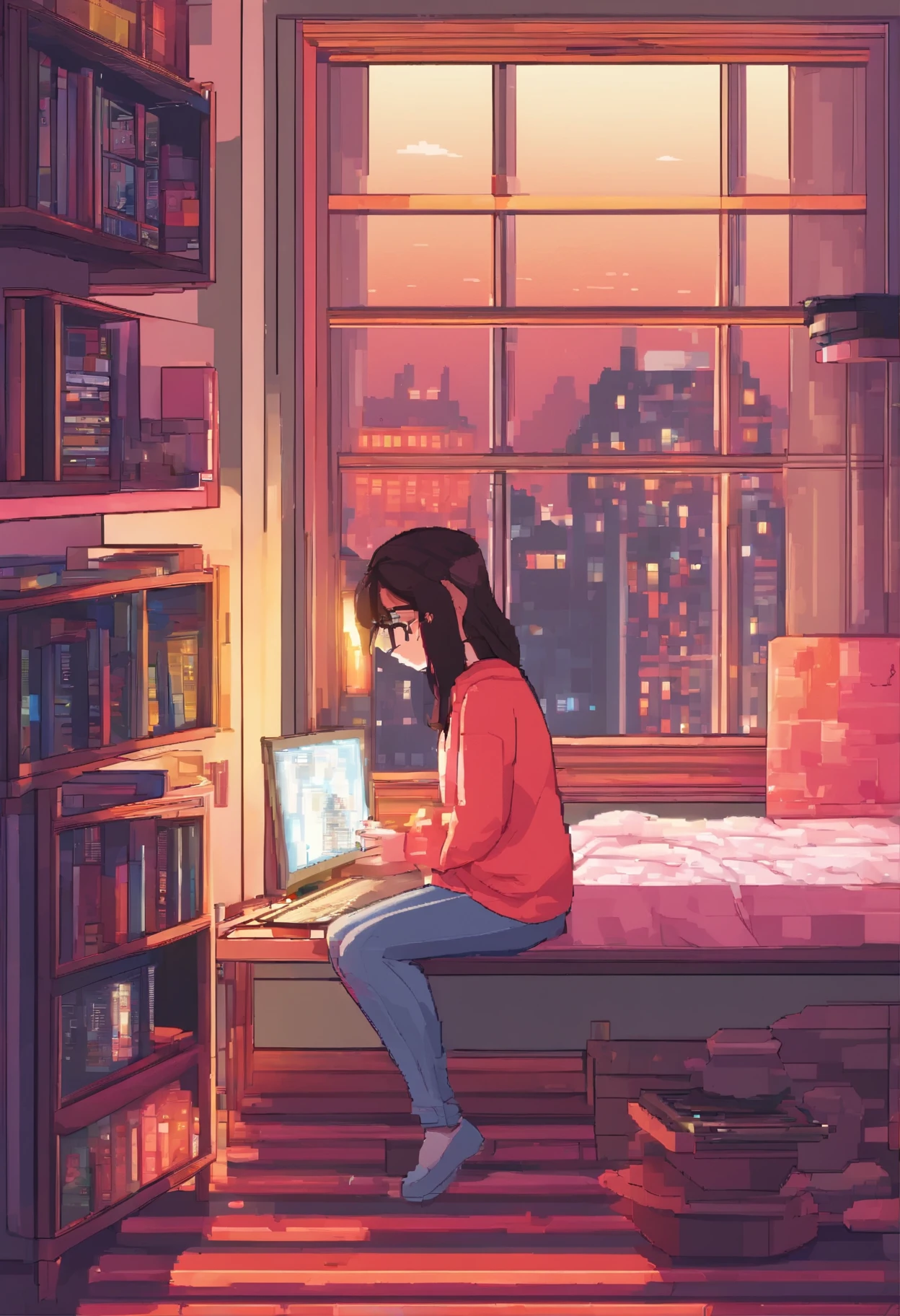 Beautiful teenager in her room in the city、Alerts earpads studding book computer in front of stars in ultra-realistic windows at night,8K,Ultra-high definition,pixer style,High resolution,16:9