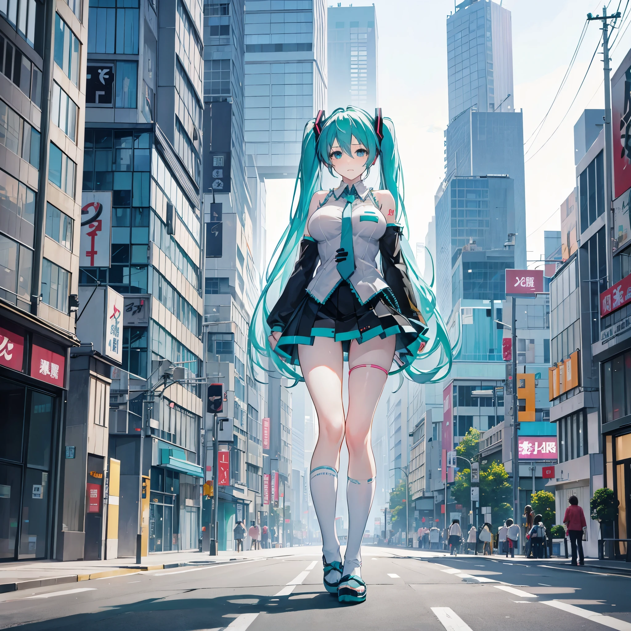 Big breasts Hatsune Miku，Super large breasts，apathy，No emotion，leg loops，Large scale，Disheveled clothes, Detailed Tokyo Streetscape