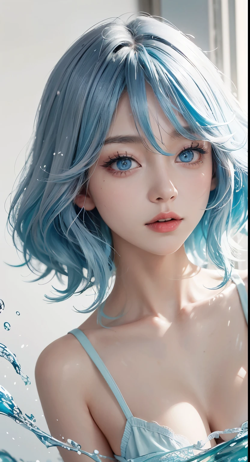 （masterpiece、best quality、high resolution），（Colorful background，（splash of color，ink splatter，splash of color）），Sweet girl，light blue中长发，[light blue|pink]hair，curls，blue eyes，flash，pink嘴唇，（Splash color，（white shirt），front，Whole BodyEsbian:0.6，Volumetric lighting，splash of color，Color explosion，Surrounded by colorful splashes