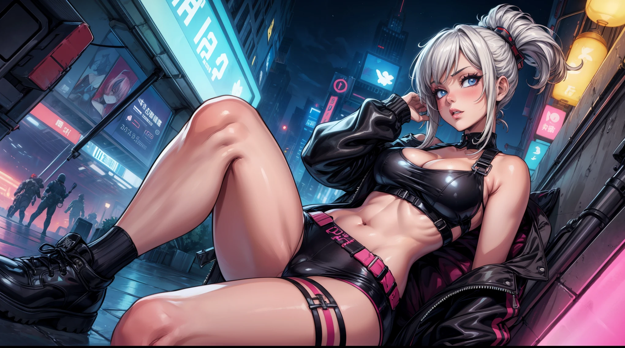 sexy anime 1girl, aesthetic, vanilla, cleavage, night, neon city, lofi, big , crop top 
