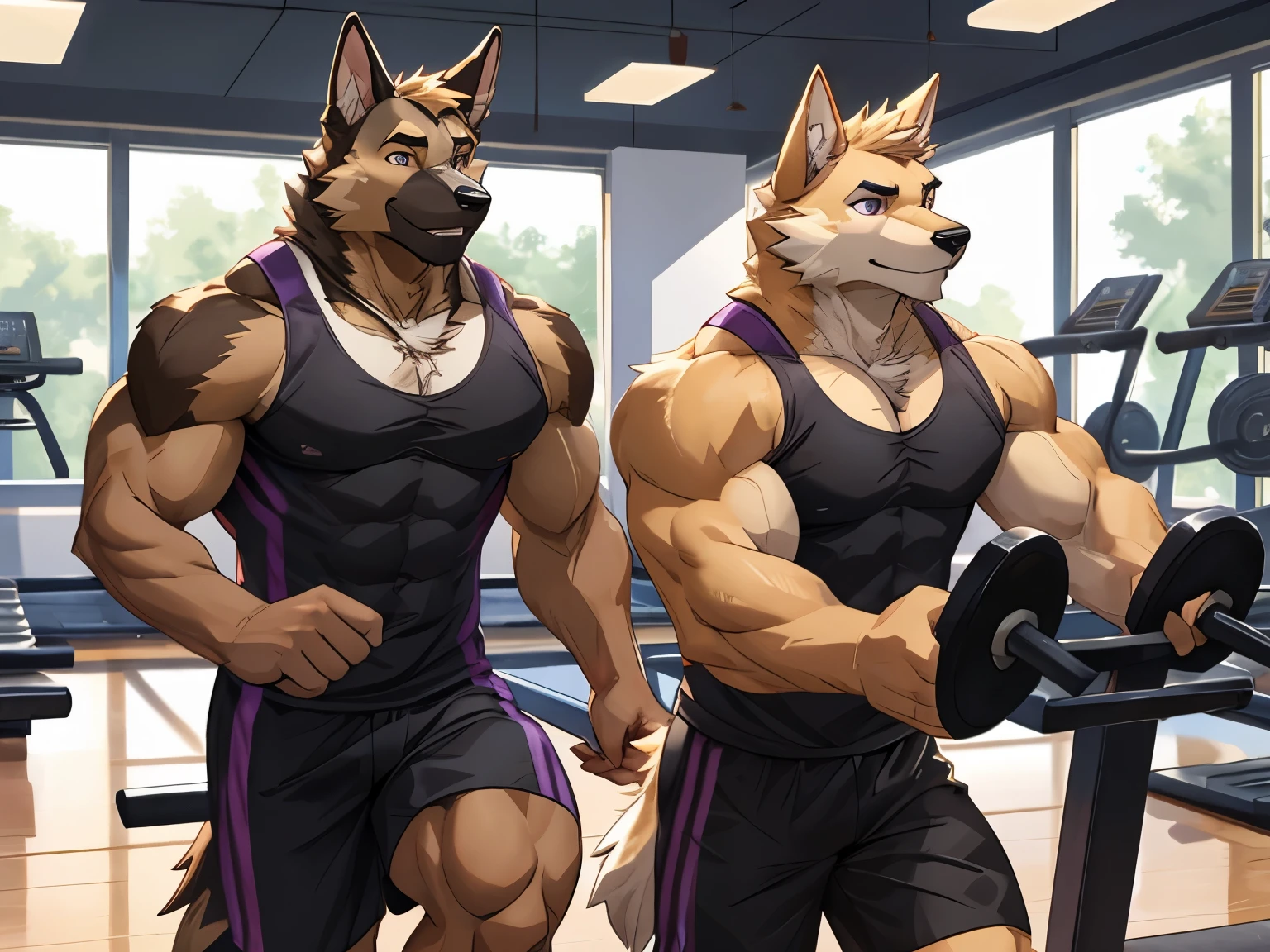 Purbaseer, Furry German Shepherd Dog, Brown Furs, Purple Eyes, Muscular, Handsome, Good Looking, Gym Set, Exercising, Hot, Gym Background