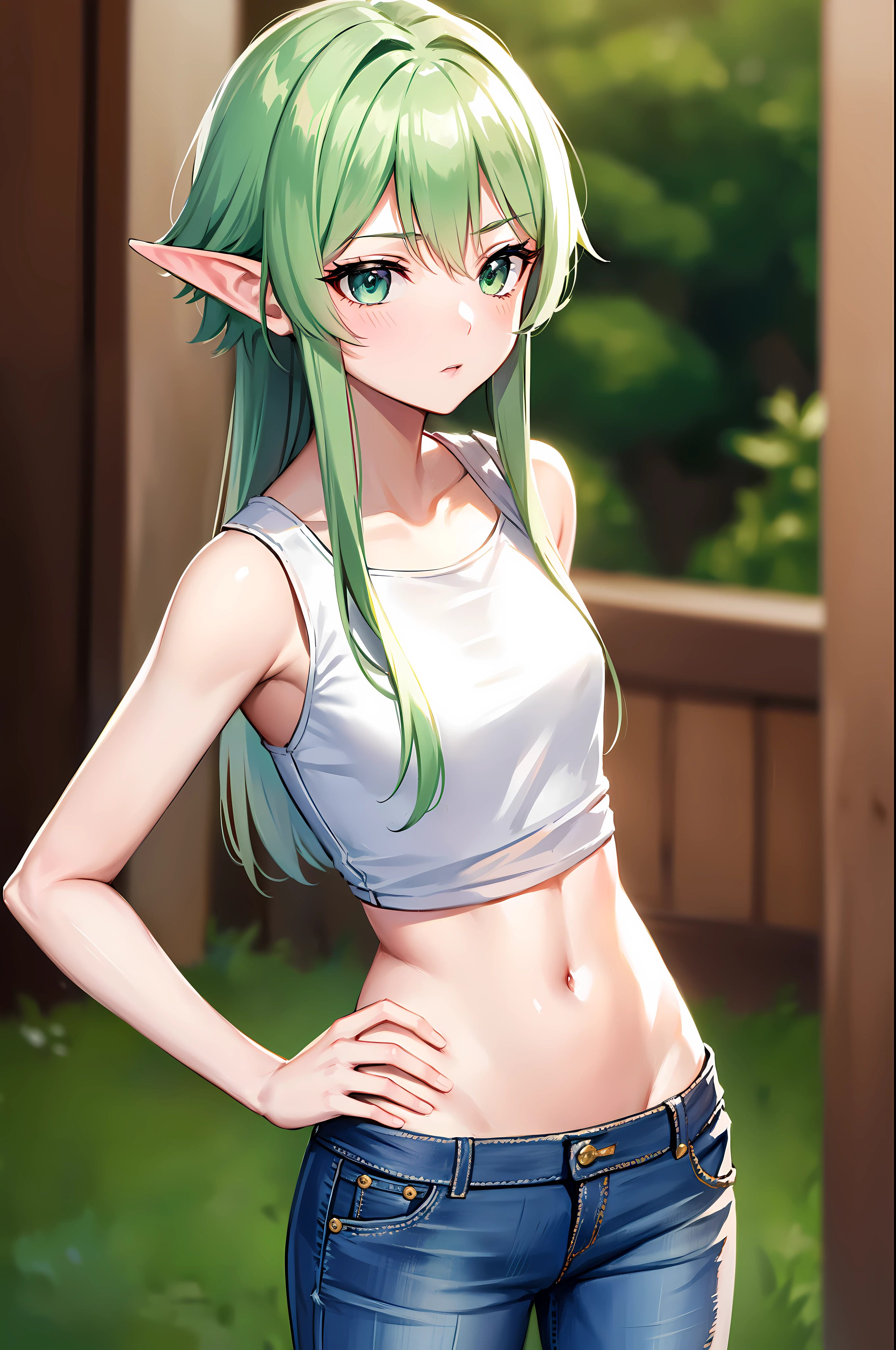 looking for_~to_viewer , highelfarcher, high elf archer, elf, Green hair, long hair, pointy ears, elf, (masterpiece:1.2), best quality, high resolution, unity 8k wallpaper, (illustr~toion), perfect lighting, Highly detailed CG, (sexy:1.3),alone, 1 woman ,(White_tee shirt:1.3), (Cutoff_jeans:1.3) ,(dokyo_distance_background:1.2)