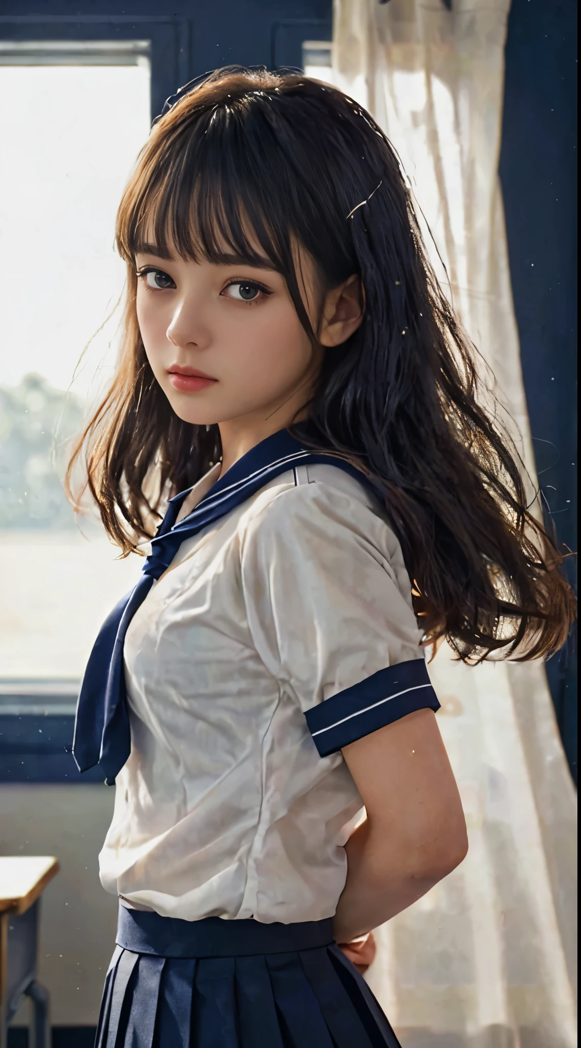 (((very hyper-realistic from Close-up portraits))), (((very super Masterpiece))), (((very super Realism Photo))), (((very pretty and very lovely woman))), ((())), (((very short bob with bangs))), (((black hair))), Deep depth of field, Very dark dramatic cinematic lighting. (((Navy short-sleeved sailor uniform, red tie, Navy pleated skirt))). (I(( am in a very dark school classroom with the orange evening sun shining through the window and looking out. The white curtains are being swept wide by the wind))). Very large slit big eyes, moist eyes reflecting light, long eyelashes, thin nose, small mouth, glossy beige lips, thin chin, clear white glossy skin. Slender body.