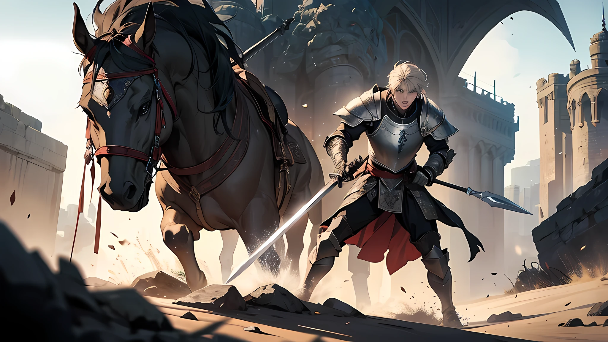 medieval fantasy portrait armored man warrior charging into battle violent holding in both hands sword raging angry armored boots standing in a arena of warriors decapitating head. (bloody sword:1.3),gore, open mouth , angry , rallying cry , windy dust debris storm fantasy stone castle bright morning light from side, (masterpiece:1.2) (illustration:1.2) (best quality) (detailed) (intricate) (8k) (HDR) (wallpaper) (cinematic lighting) (sharp focus), Both men were armed with spears, emerging from the east and west gates, and crossed each other at a great speed