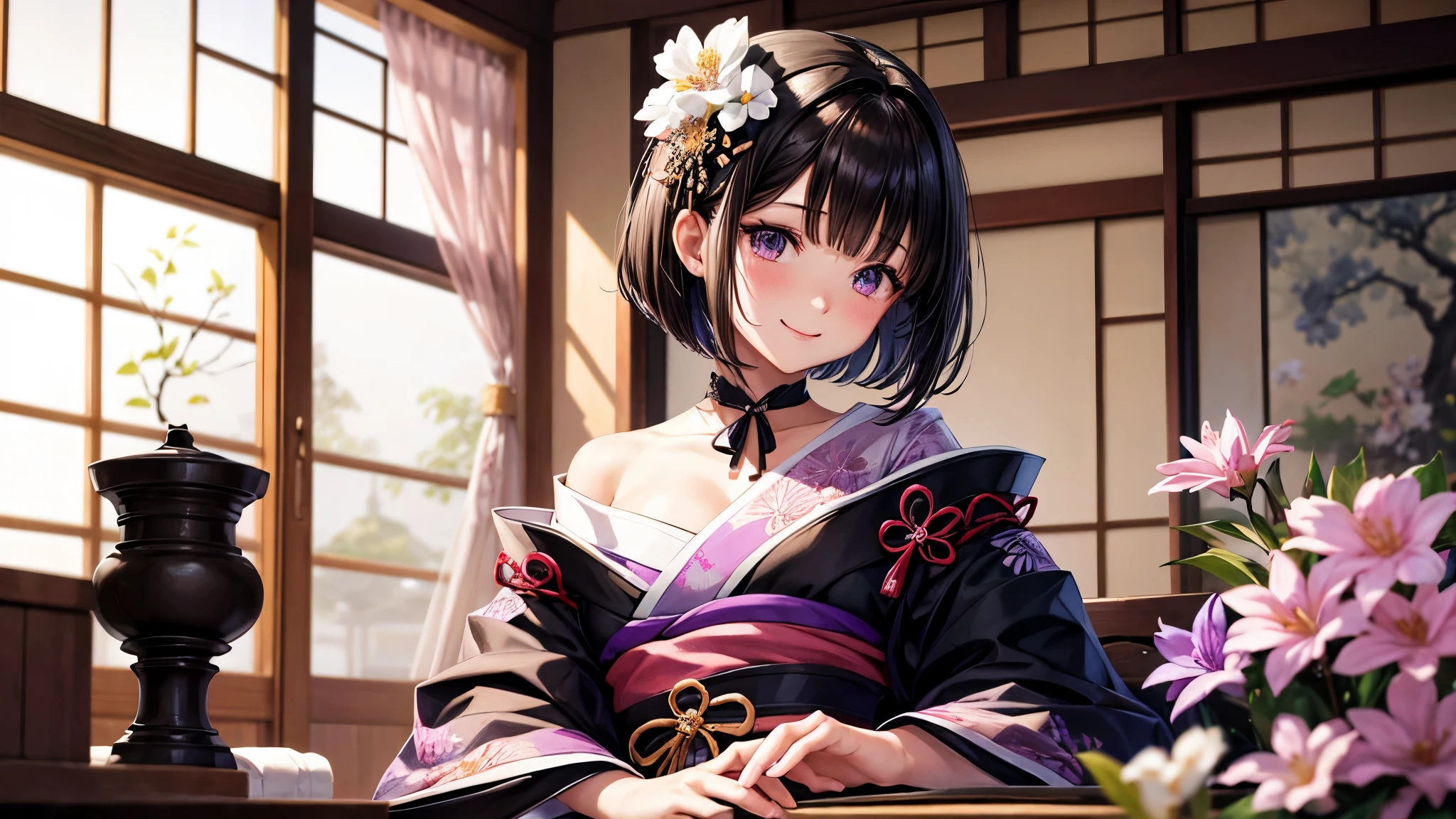 very cute girl、dark brown hair、bob cut、short hair、Violet eyes、smile、(Crystal clear white skin)black kimono、Japanese pattern kimono、Flower scrunchie、beautiful skin、facing the front、sit、Japanese garden、Luxurious Japanese-style room、whole body、masterpiece、High-definition CG unified 8K wallpaper、1girl、beautiful、real、blurry、blurry_background、blurry_foreground、