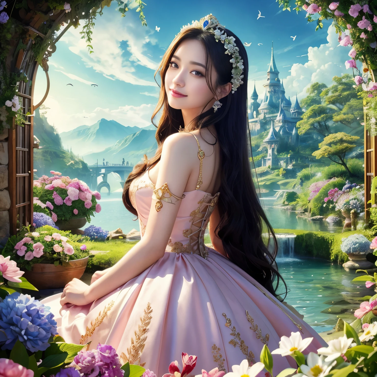 (highest quality、table top、8K、best image quality、hyper realism)、the most sacred goddess、最も贅沢なheaven、The most extravagant and finest giant princess dress、A dress adorned with the finest jewels、the most beautiful giant princess dress、highest qualityの巨大なティアラ、highest qualityの巨大なネックレス、highly detailed face、upper body photo、swollen chest、the best smile when you look at me, long hair fluttering in the wind, sky garden、Colorful flower garden, accurate anatomy、fairy tale atmosphere、sacred fairy tale brilliance、最も幻想的で鮮やかなheaven、光に満ちたheaven、最も幻想的なheavenの庭園、heavenのような雰囲気、より美しいheaven、A treasure trove of beautiful nature、a heaven、heaven、Shining beautiful skin、A heavene of living creatures、beautiful waterfall、Treasure trove of living things、A heavene inhabited by a variety of beautiful creatures