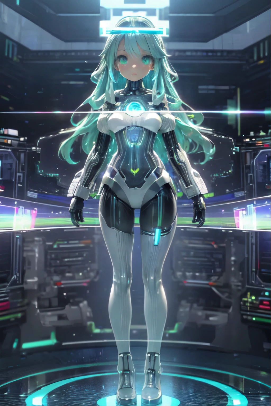 girl, full body image, 3D, rendering, high quality, intricate, masterpiece, futuristic clothing with blue and white tones with technological details and electronic circuits, electric green eyes with zeros and ones in the pupil with digital distortion effect, hair vibrant blue medium length, wavy hairstyle, halo on the head formed with holographic effect,