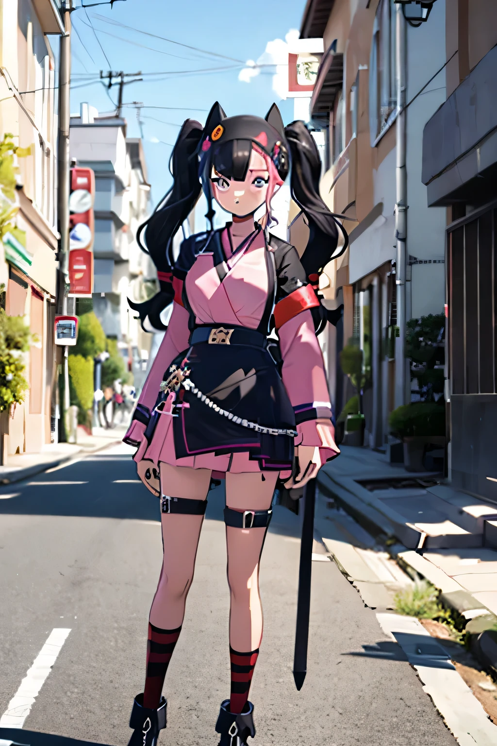 1woman,on a japanese street，facing the camera，Wearing a kimono， zoe1_palworld, 1girl,(((two-tone twintails:1.3))),(((two-tone hair:1.3))),((shiny clothes:1.2)),