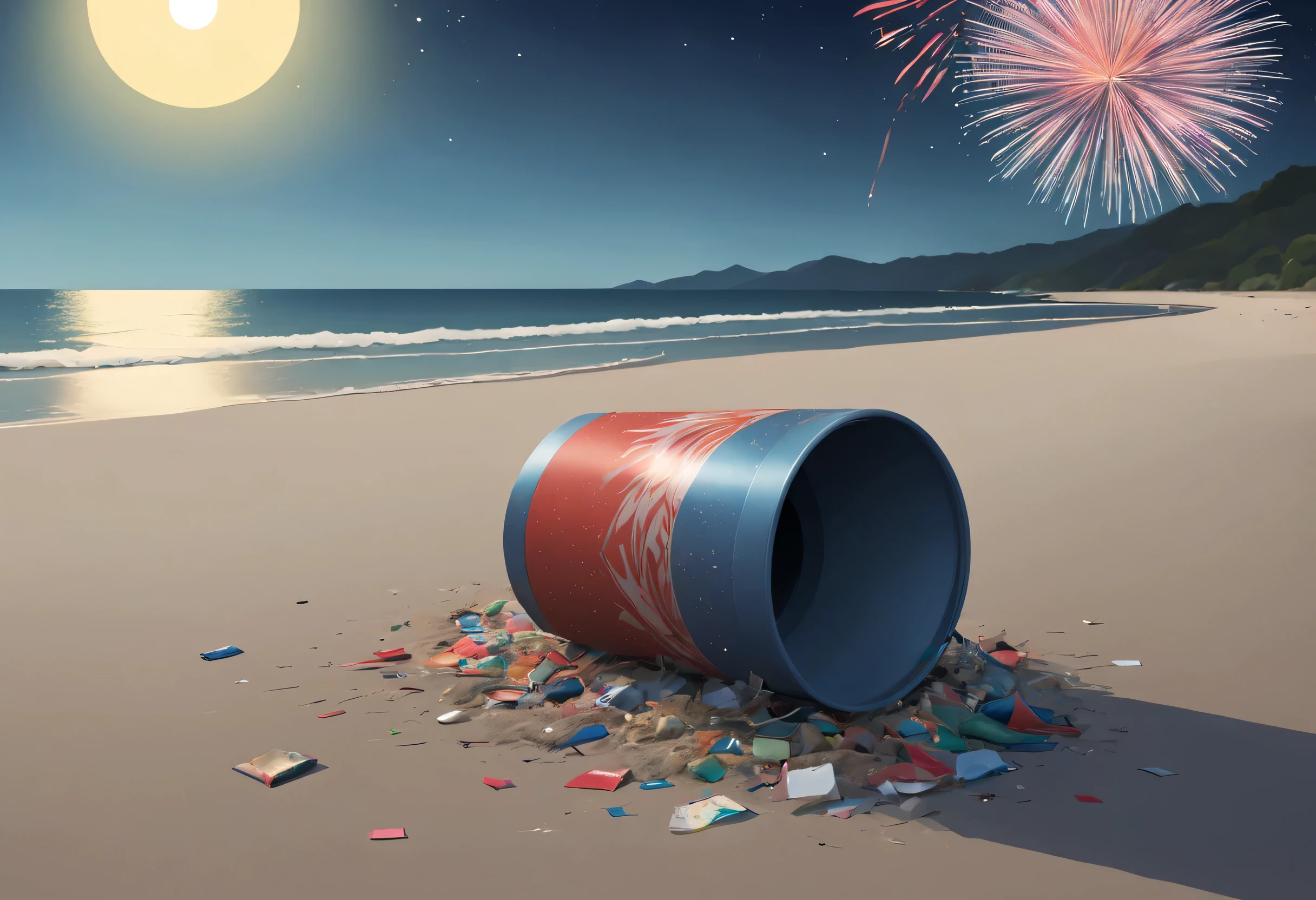 Some used fireworks trash left on the beach，poster style，anime style，simple lines，simple color，cool color