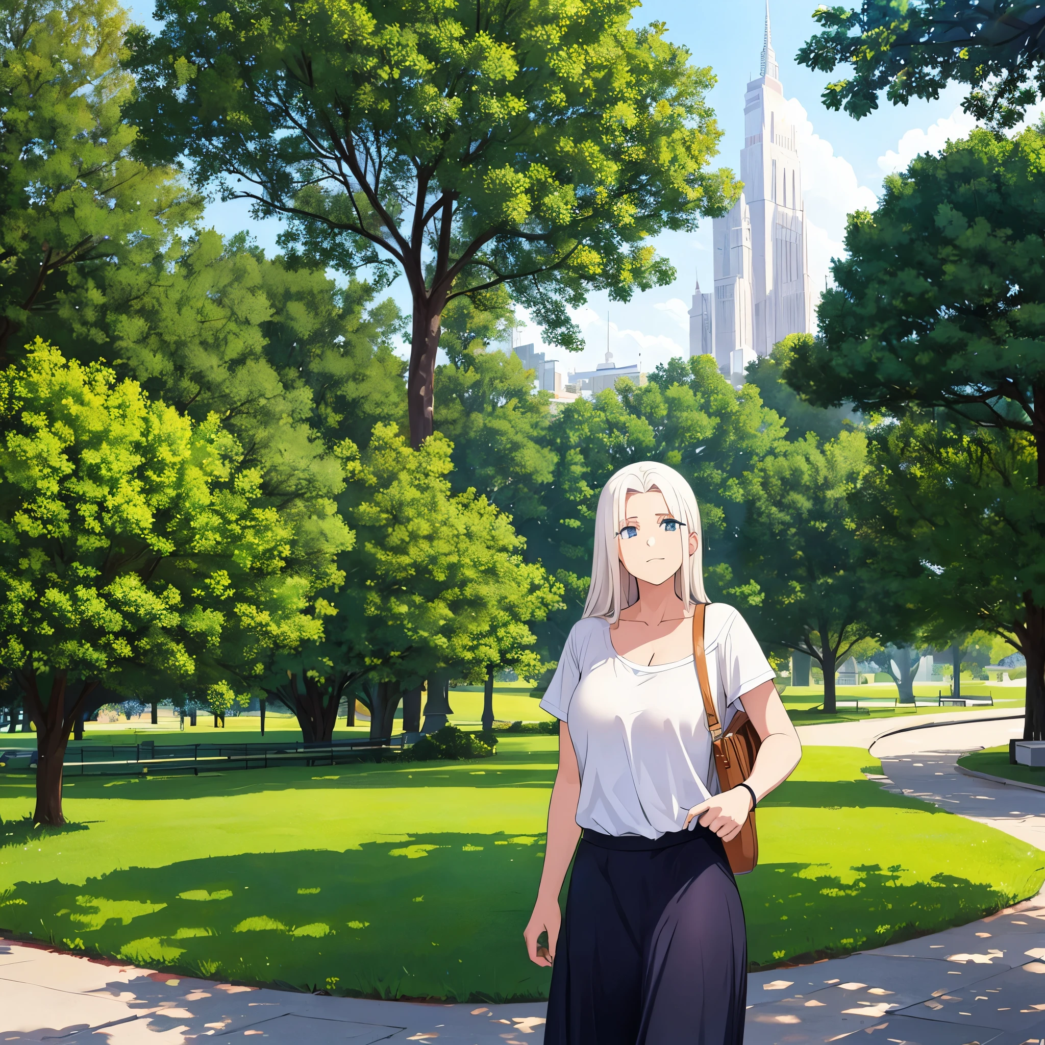 a woman in casual clothes in a city park, hair white