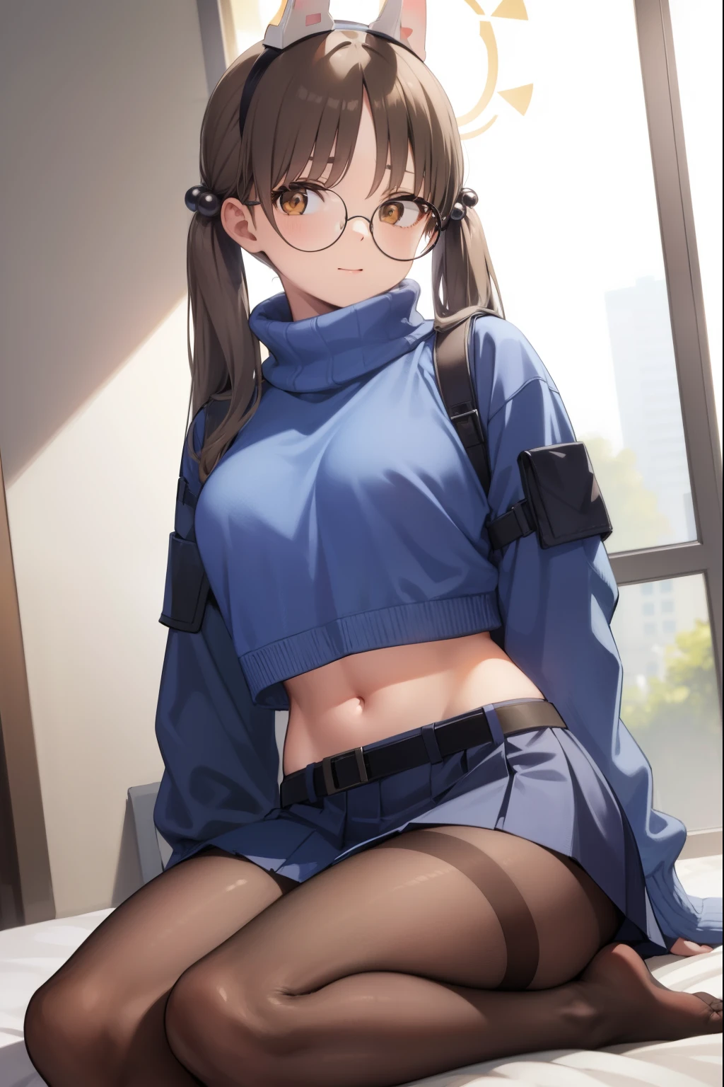 moekazekura, moe kazekura, animal ears, (brown eyes:1.5), brown hair, fake animal ears, glasses, hair bobbles, hair ornament, halo, long hair, rabbit ears, round eyewear, twintails,
BREAK belt, black pantyhose, blue skirt, blue sweater, glasses, long sleeves, midriff, miniskirt, pantyhose, pleated skirt, ribbed sweater, skirt, sleeves past wrists, sweater, turtleneck, turtleneck sweater,
BREAK looking at viewer, full body,
BREAK indoors,
BREAK (masterpiece:1.2), best quality, high resolution, unity 8k wallpaper, (illustration:0.8), (beautiful detailed eyes:1.6), extremely detailed face, perfect lighting, extremely detailed CG, (perfect hands, perfect anatomy),