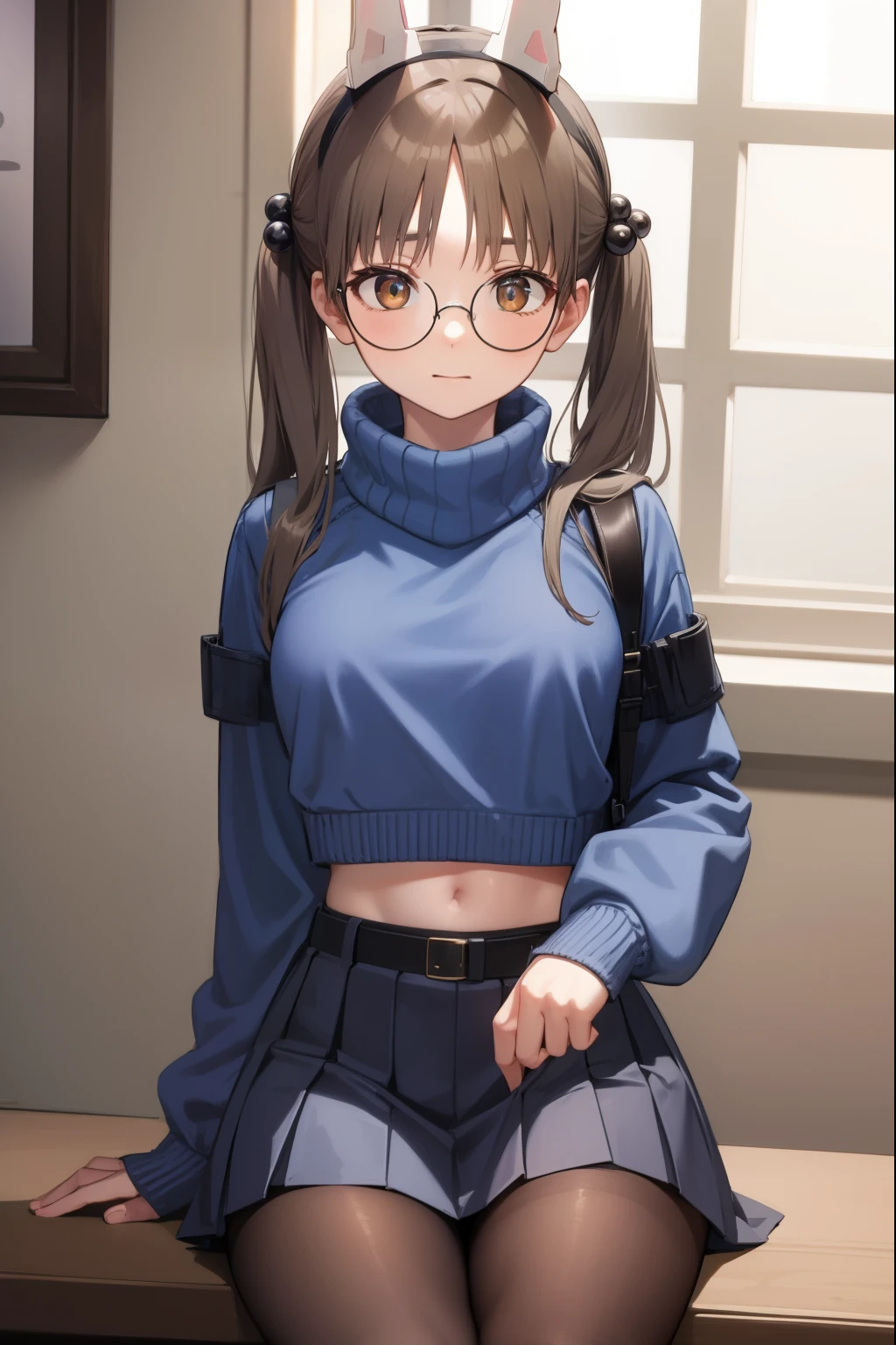 moekazekura, moe kazekura, animal ears, (brown eyes:1.5), brown hair, fake animal ears, glasses, hair bobbles, hair ornament, halo, long hair, rabbit ears, round eyewear, twintails,
BREAK belt, black pantyhose, blue skirt, blue sweater, glasses, long sleeves, midriff, miniskirt, pantyhose, pleated skirt, ribbed sweater, skirt, sleeves past wrists, sweater, turtleneck, turtleneck sweater,
BREAK looking at viewer, full body,
BREAK indoors,
BREAK (masterpiece:1.2), best quality, high resolution, unity 8k wallpaper, (illustration:0.8), (beautiful detailed eyes:1.6), extremely detailed face, perfect lighting, extremely detailed CG, (perfect hands, perfect anatomy),