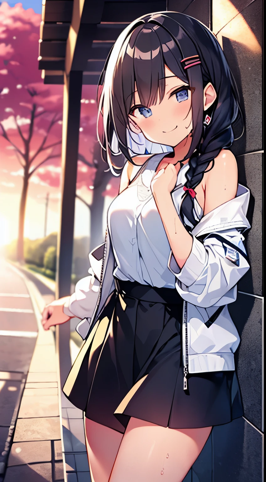 highest quality, masterpiece, ultra high resolution, 8K, summer sky, early summer, (flare skirt, Light jacket, sneakers), Shoujo manga style , One, soft line art, digital enhancement, shojo manga touch, shojo manga core, flowing fabric, close, (short shoulder length braids)), wet hair, soft drawing, beautiful black hair, clear eyes, ((a teasing smile)), Super detailed digital anime art, clear facial depiction, Super detailed girl manga character art, clear facial features, Super detailed manga style, highest qualityの色, Teburi, landscape with nature, look up at the sky, Angle where you can see all the way to your feet