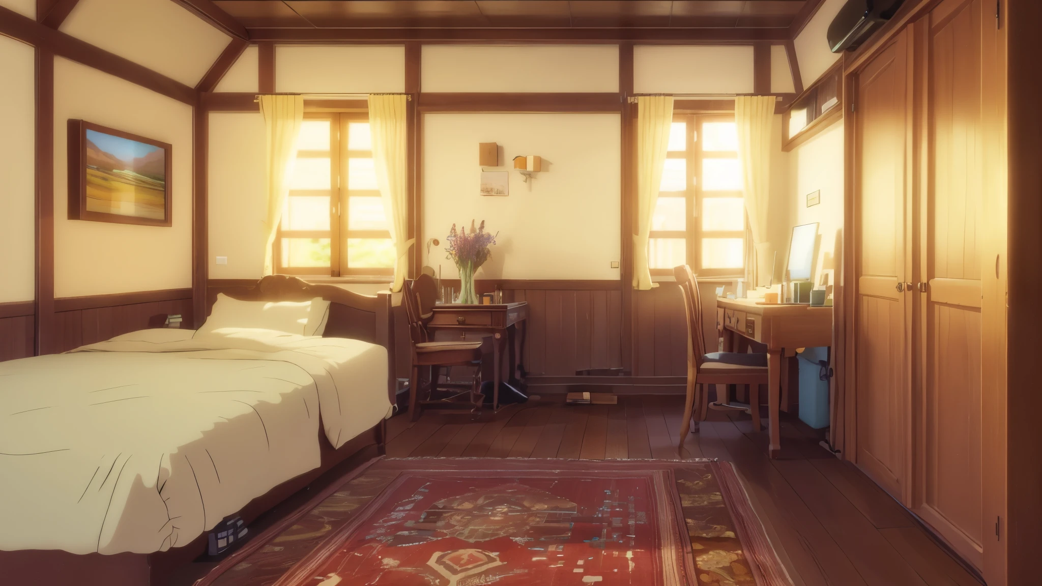 anime background, anime style, there is a bed and a desk in a room with wood floors, rpg maker style bedroom, bedroom in studio ghibli, room interior, personal room background, dim bedroom, photorealistic room, interior room, bed room, victorian room, cozy room, interior of room, a room, small room, whole room, inside of a bedroom, luxurious wooden cottage