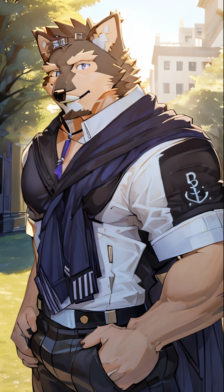 Pubrasser, dog, good looking, muscular, casual set, sunny, solo, male, fur, detailed, ((ultradetailed body)), ((ultradetailed clothes)), ((ultradetailed face)), park background, ((ultradetailed background)), smiling, looking at viewer