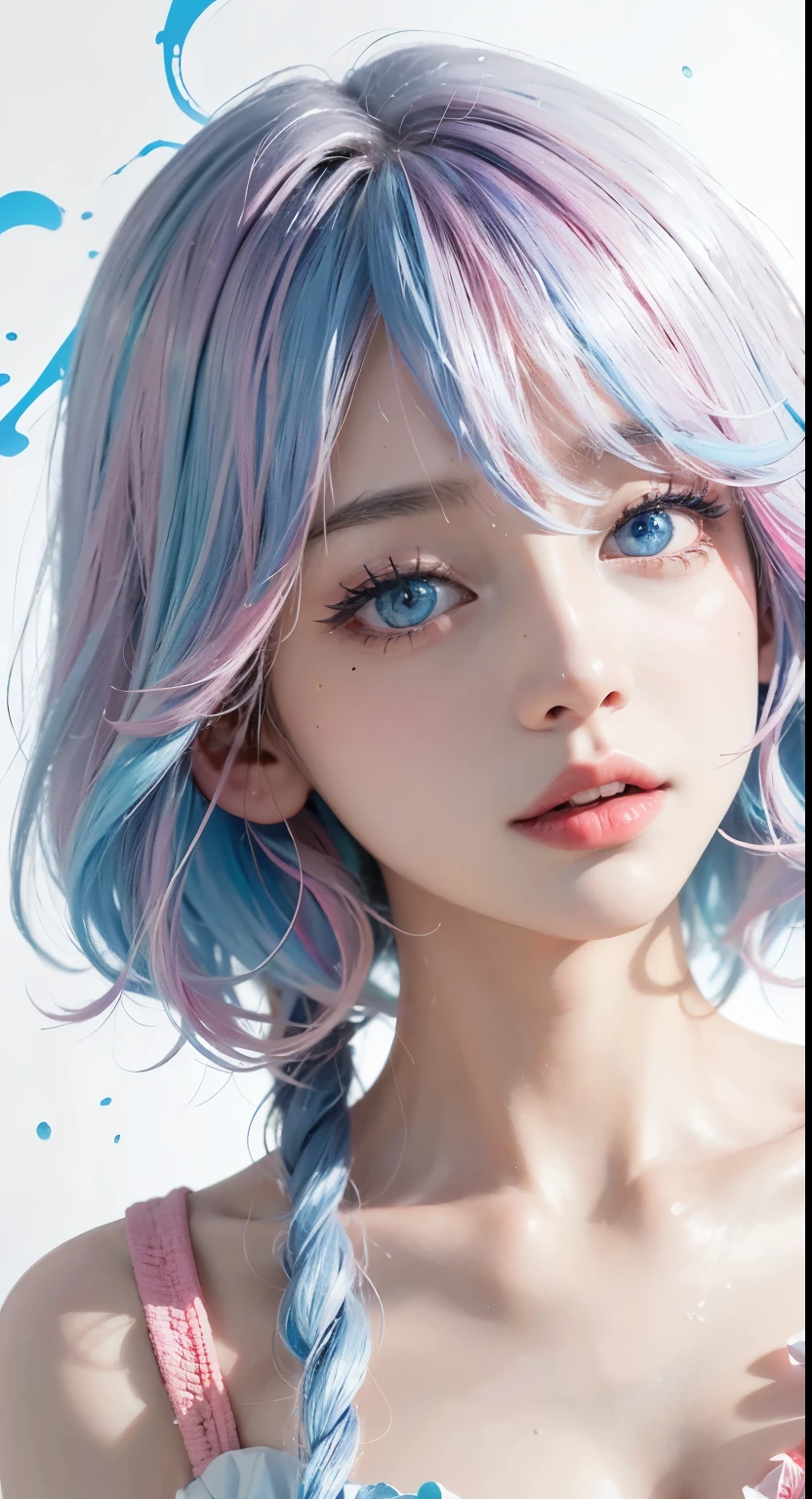 （masterpiece、best quality、high resolution），（Colorful background，（splash of color，ink splatter，splash of color）），Sweet girl，蓝pink中长发，[light blue|pink]hair，curls，blue eyes，flash，pink嘴唇，（Splash color，（white shirt），front，Whole BodyEsbian:0.6，Volumetric lighting，splash of color，Color explosion，Surrounded by colorful splashes