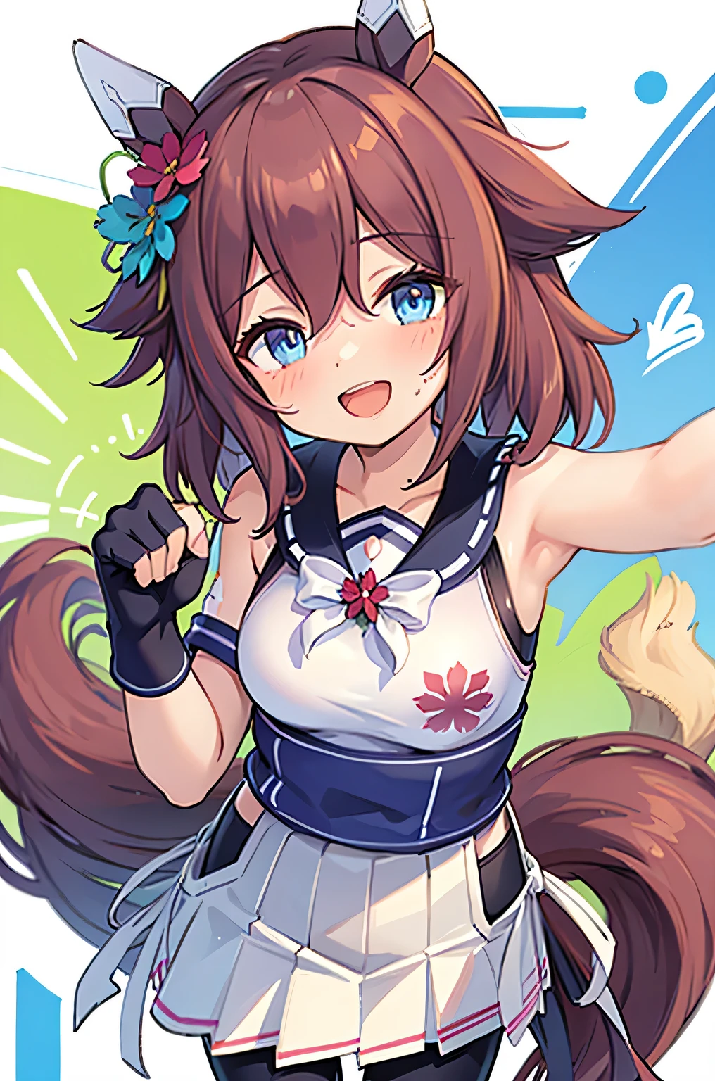 [[[​master piece]]],[[[Best Quality]]],[[[ultra-detailliert]]],Portrait,Uma Musume,Bottom-to-top perspective,Training Center Uniform,breasts, Staining cheeks,Open mouth,Looking to the side,Smiling,cling to viewer,Cycle Wear, Bike Shorts,red hairs.Medium Hair.,white stockings, (8years old), little face