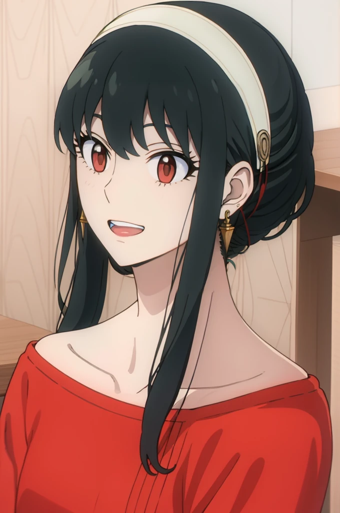 { -  error} (Masterpiece, Best Quality) (masterpiece:1.4),(best quality:1.4)hight resolution、​masterpiece、1girl in、Bjorf、A dark-haired、short hair with long locks、white hairband、Look up、Kamimei、bending forward、Opening Mouth、Show your teeth and smile、Bring your face closer、Red Eyes、Gold Earrings、Jewelry、off shoulders、Red Sweater、long-sleeve
