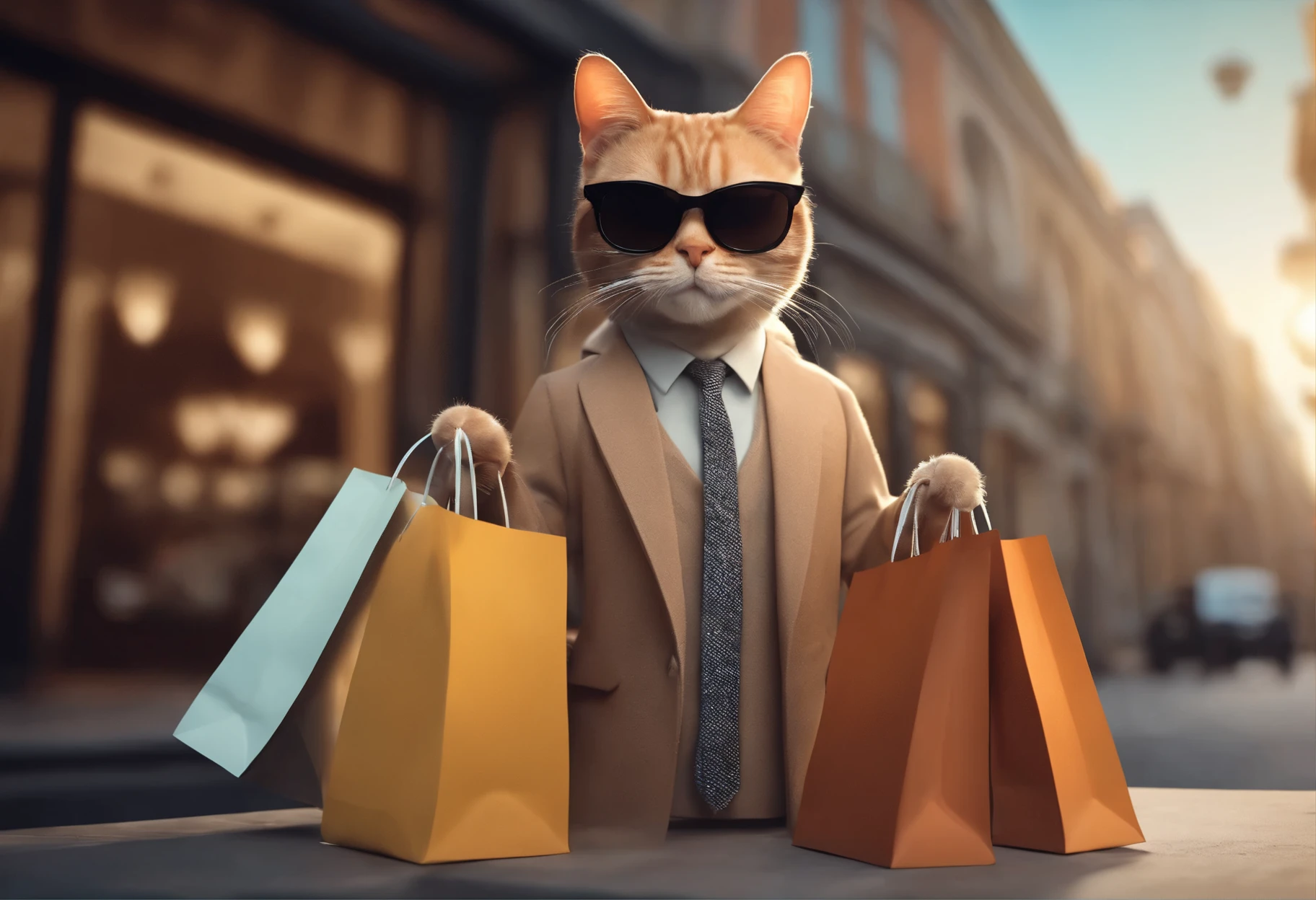 Alafia cat wearing sunglasses and holding several shopping bags on the street, Cute 3D cartoon rendering, Wear trendy clothes, very fashion, inspired author:Chris LaBrooy, dressed with expensive clothes, Cat walking in front of boutique window, author:Chris LaBrooy, Very fashionable, luxury fashion, dressed with expensive clothes, very fashion, Lovely numbers, 4K HD