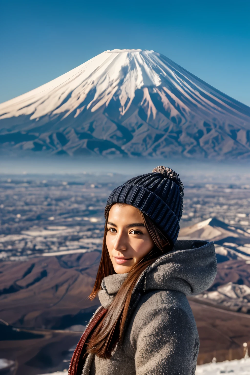 masterpiece, best quality, photorealistic, a beautiful Italian model, 26yo, (1 mount fuji), extremely detailed background, distant view, morning, in winter, very detailed faces