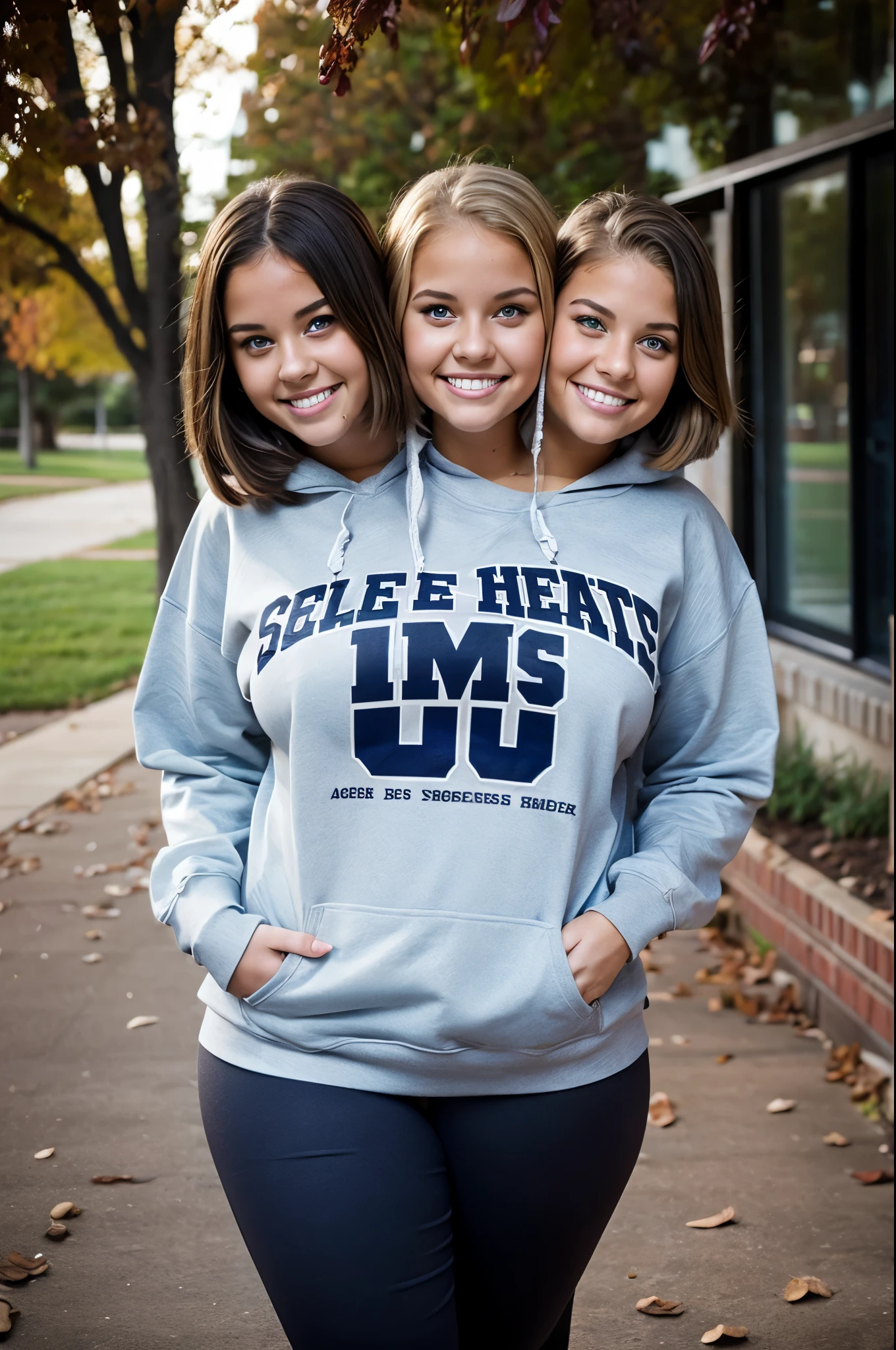 2heads, three headed girl, college student, age 22, curvy, pretty, on campus, blonde, sweatshirt, leggings,