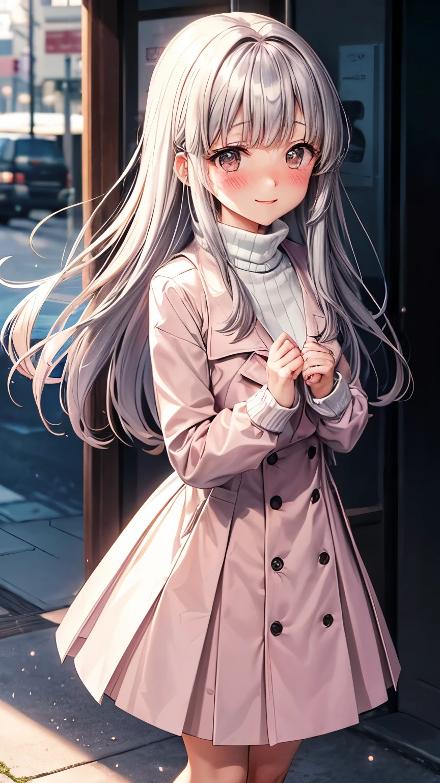 An  Japanese girl (( small breast, slender)), long hair((straight hair ))((much blush bangs forelock:1.3)), tidy long sleeves casual shirts ((silver turtle neck )),white overcoat((pale pink color )), pale blue maxi length skirt, pink beanie, muffler, knitted gloves, sparkly orange big round droopy eyes,eyelashes, blush and passionate smile, fearless and tidy atmosphere, neatly posing, at snowing moments, full body, best quality