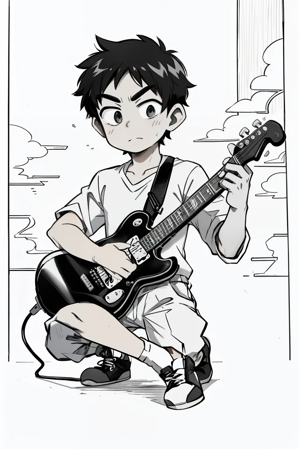 MONOCHROME, GREYSCALE, a 40 years old indonesian man playing guitar