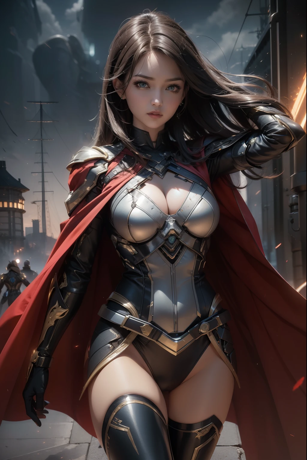 Waist up (perspective angle from bottom to top) super heroine hot girl (masterpiece), best quality, expressive eyes, perfect face, art in fantasy mythic action effect, sharp focus, wearing super detailed suit with mechanicles part & hero cape, cybersamurai, glowing, holding sword