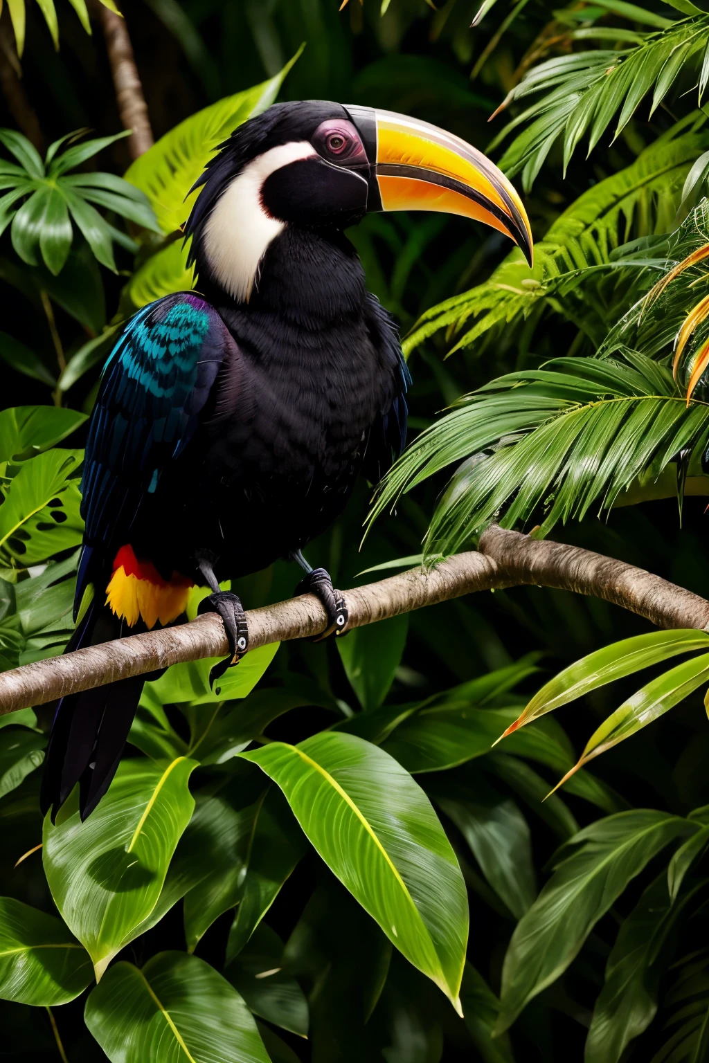 Vibrant and exotic birds, toucan and hornbill, in a lush and vivid tropical forest,
Highly detailed, rich color palette,
Splendid creatures, 35 cm beak of toucan, 70 cm beaked hornbill,
Feathers in an array of bold and dazzling hues, toucan's beak a brilliant red, hornbill's beak an intriguing mix of red and black,
Natural habitat, dense foliage,
Majestic birds perching on tree branches,
Toucan's large, expressive eyes, hornbill's intense gaze,
Realistic texture, show