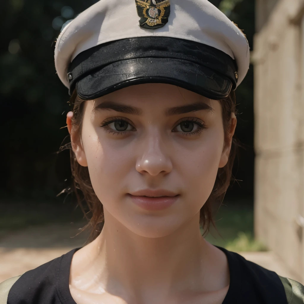 instagram photo, closeup face photo of 23 y.o Chloe in army uniform, cleavage, pale skin, (smile:0.4), hard shadows, training outfit, after shower with wet hair