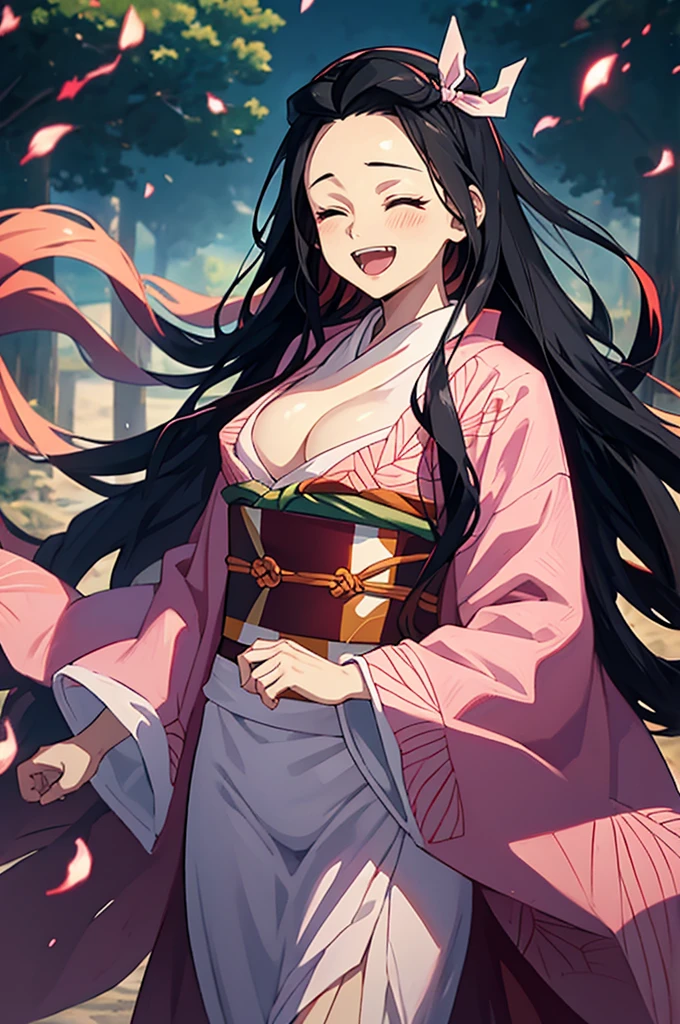 anime, hdr, soft light, ((best quality)), ((masterpiece)), (detailed), nezuko, black hair, forehead, open mouth smiling, eyes closed big fangs, very long hair, hair ribbon, japanese clothes, pink kimono, multicolored hair, pink ribbon, cleavage, standing, destruction, sparks,
